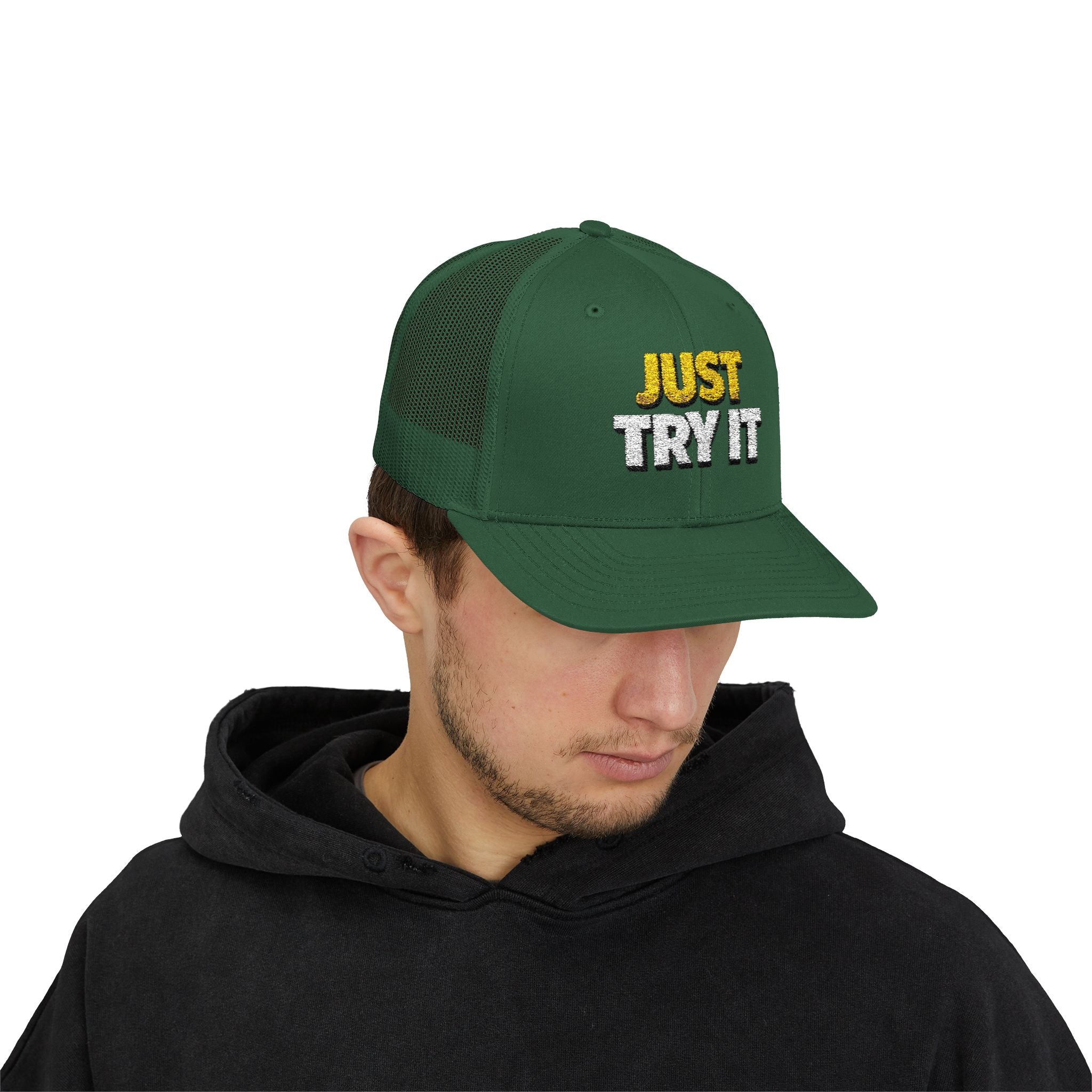 Just Try It Snapback Trucker Hat — Casual Motivational Mesh Cap