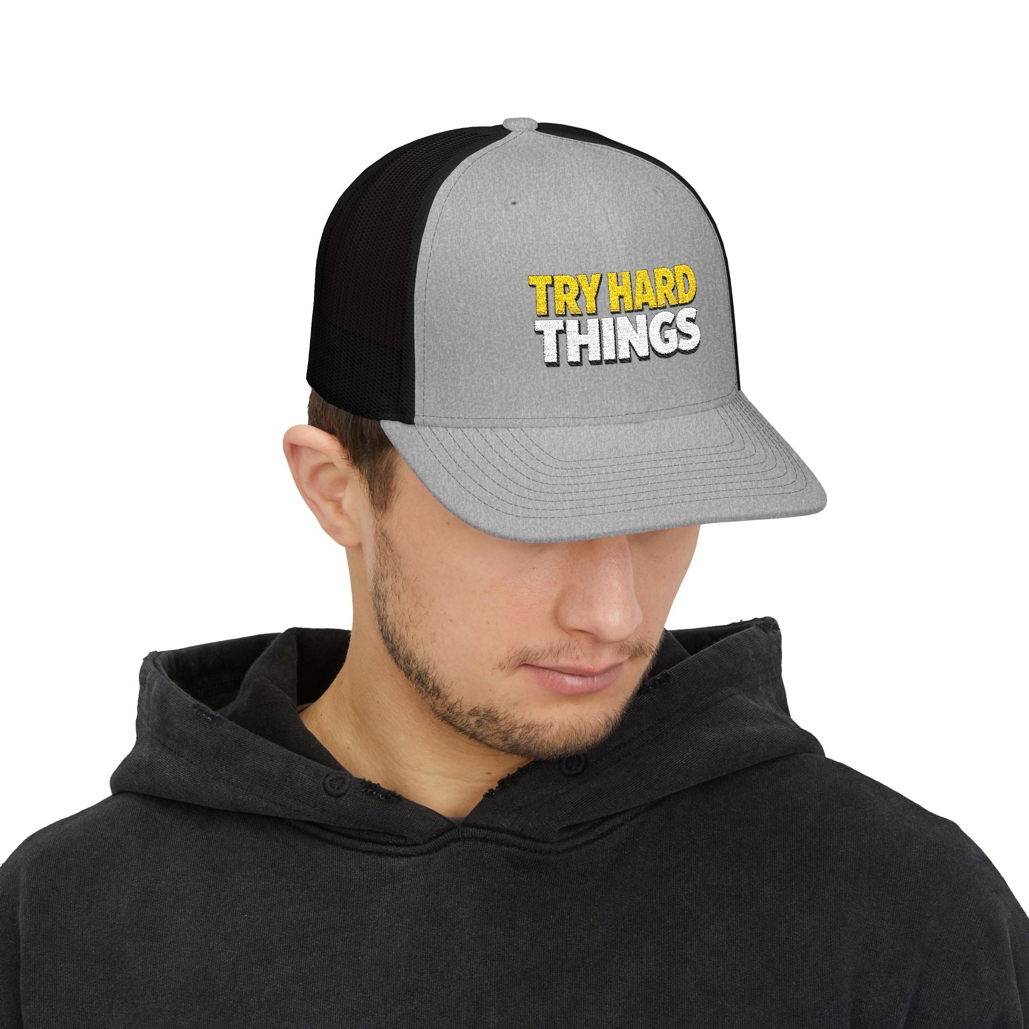 Try Hard Things Embroidered Trucker Hat — Motivational Snapback Cap