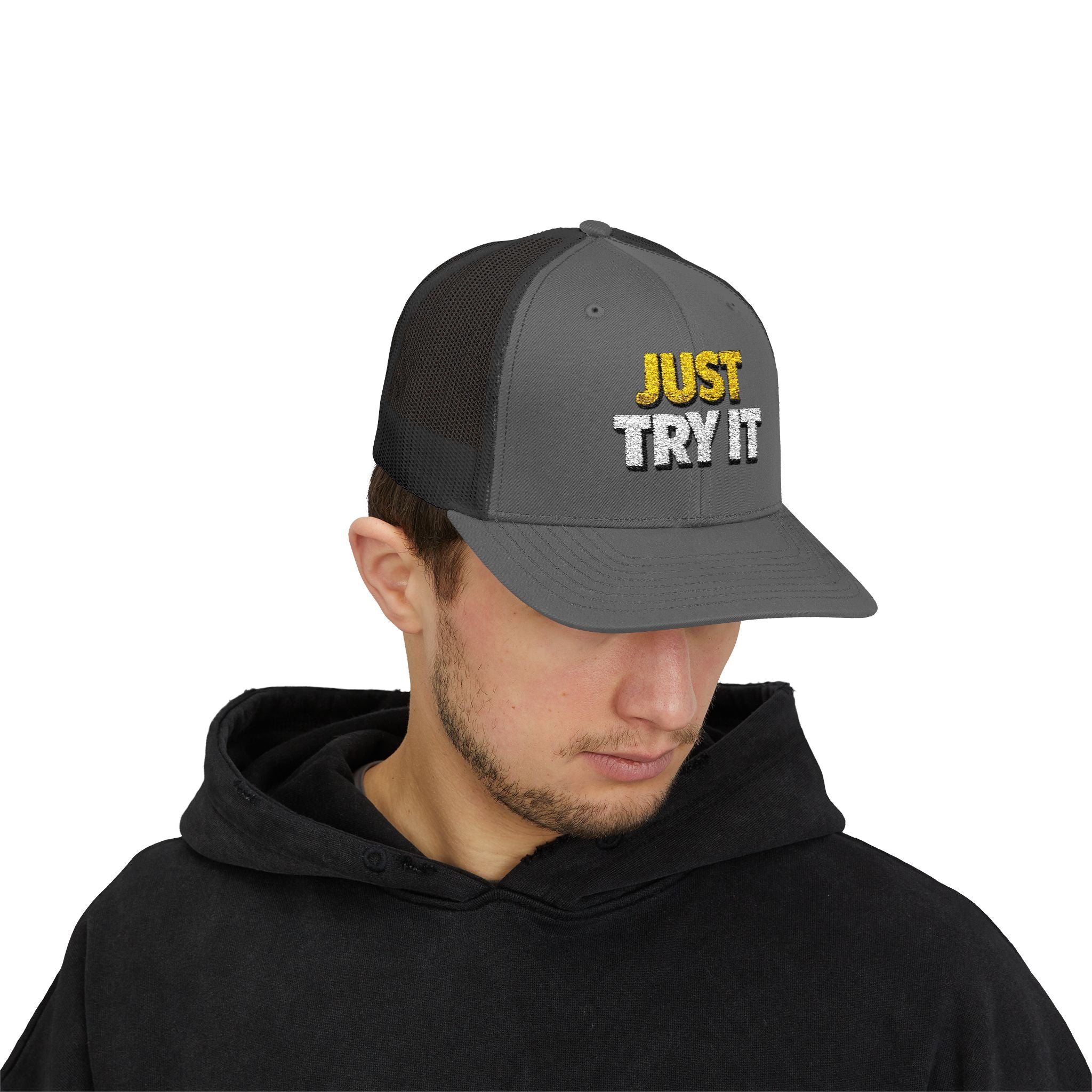 Just Try It Snapback Trucker Hat — Casual Motivational Mesh Cap