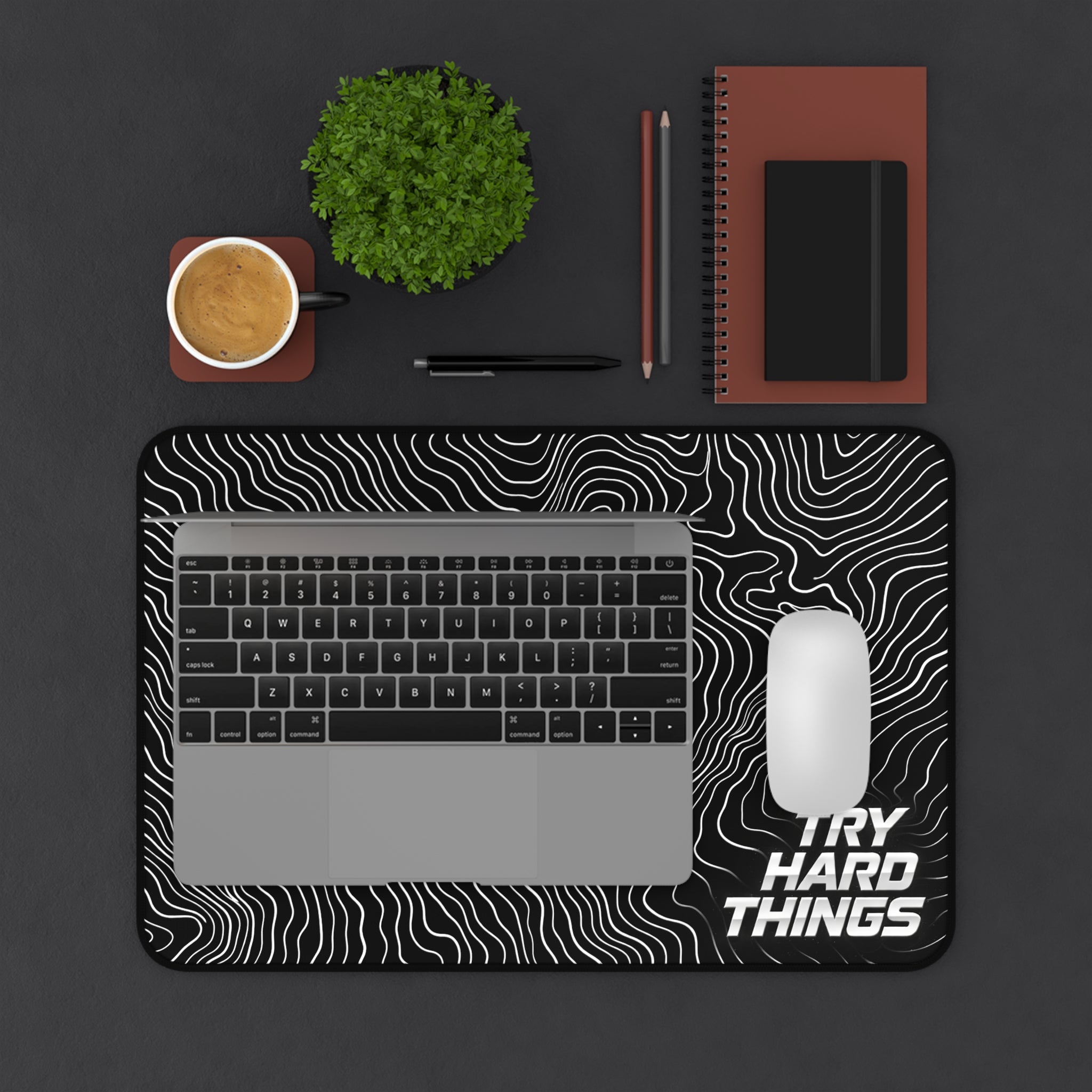 Try Hard Things Desk Mat – Motivational Black Contour Design Mouse Pad