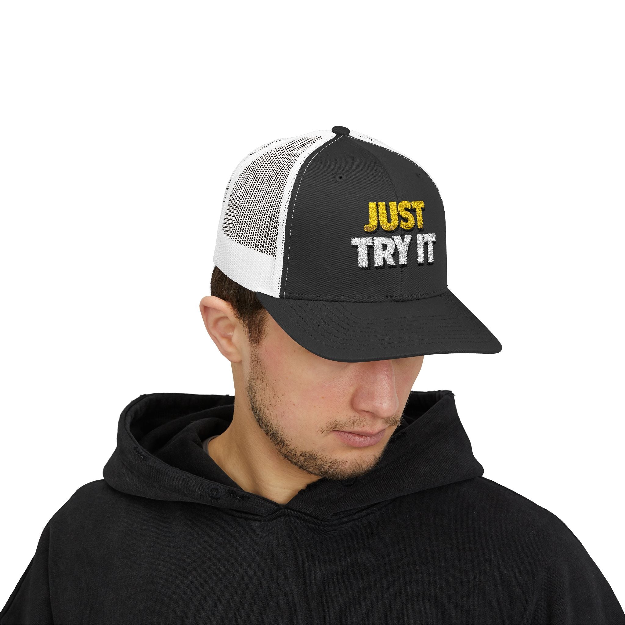 Just Try It Snapback Trucker Hat — Casual Motivational Mesh Cap