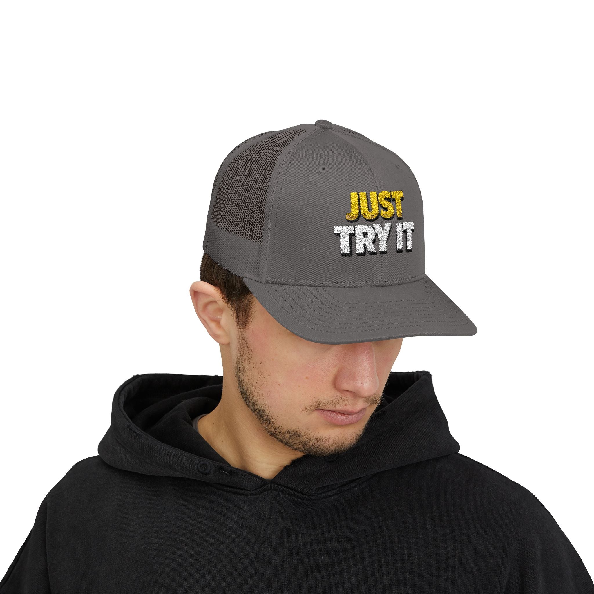 Just Try It Snapback Trucker Hat — Casual Motivational Mesh Cap