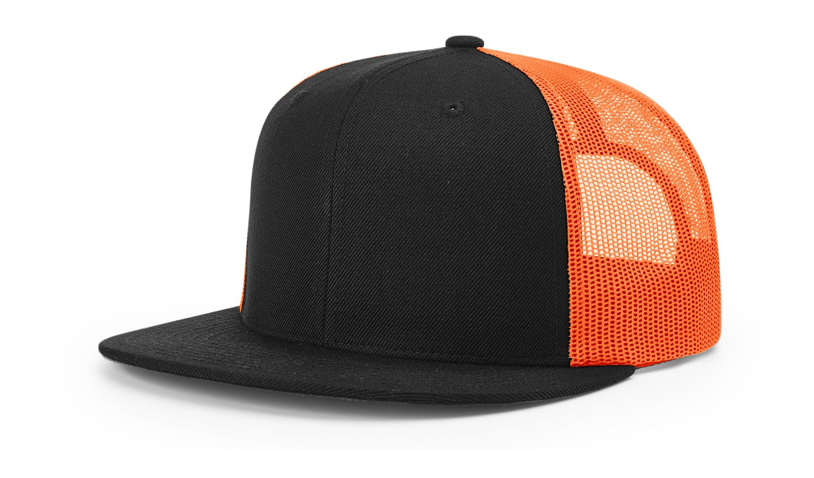 Richardson 511 Wool Blend Trucker Cap in Black with Neon Orange details.