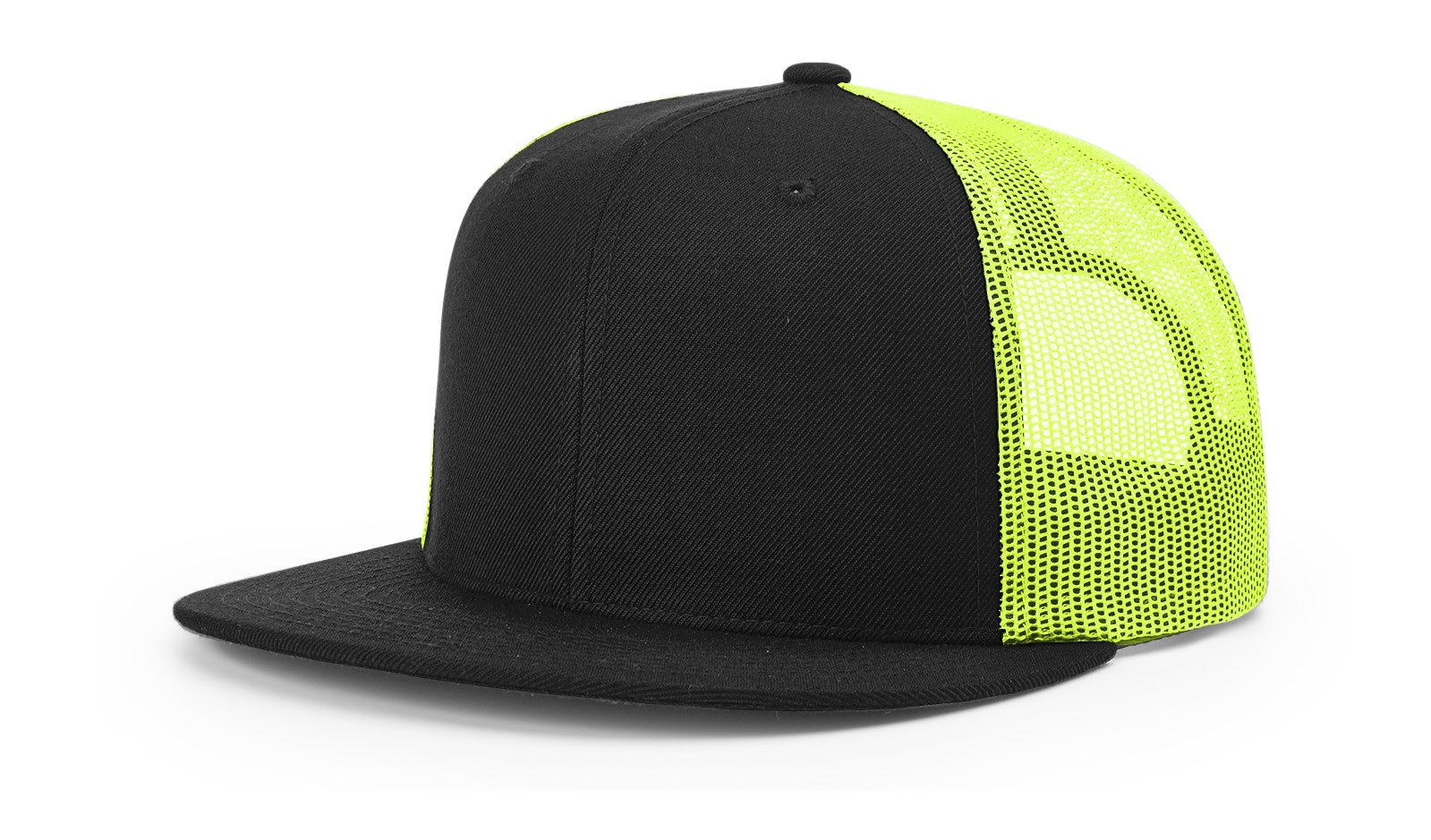 Richardson 511 black and neon yellow wool blend trucker cap with snapback.