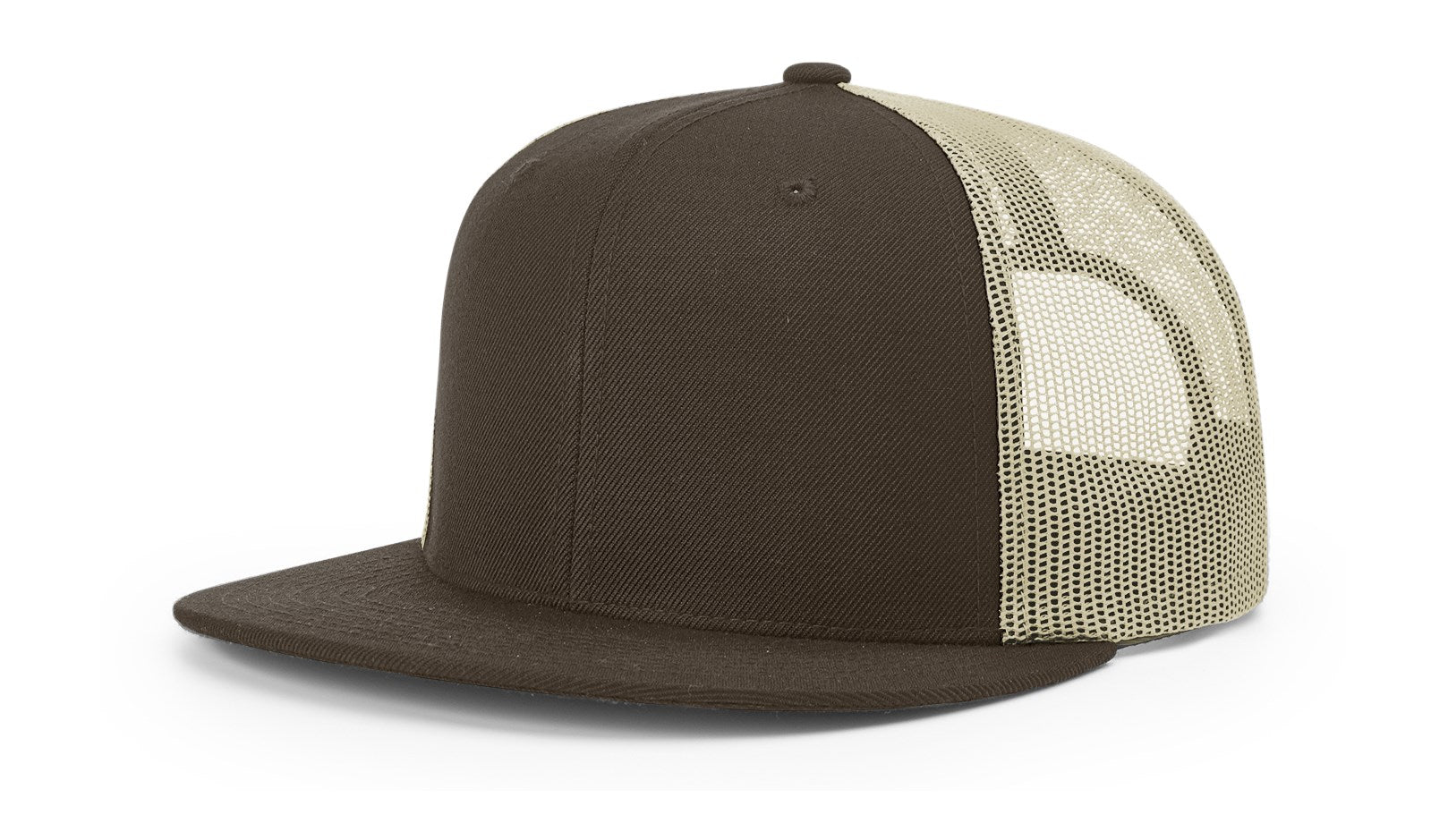 Richardson 511 Wool Blend Trucker Cap in brown and khaki, classic mid-pro snapback.