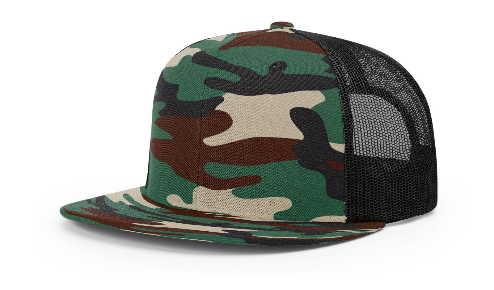 Richardson 511 Wool Blend Trucker Cap in Green Camo with Black Mesh Back.