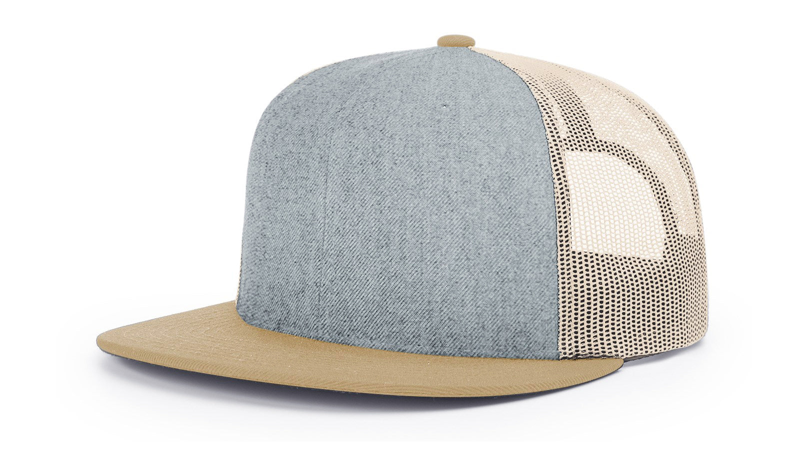 Richardson 511 Wool Blend Trucker Cap in Heather Grey with Birch Biscuit trim.