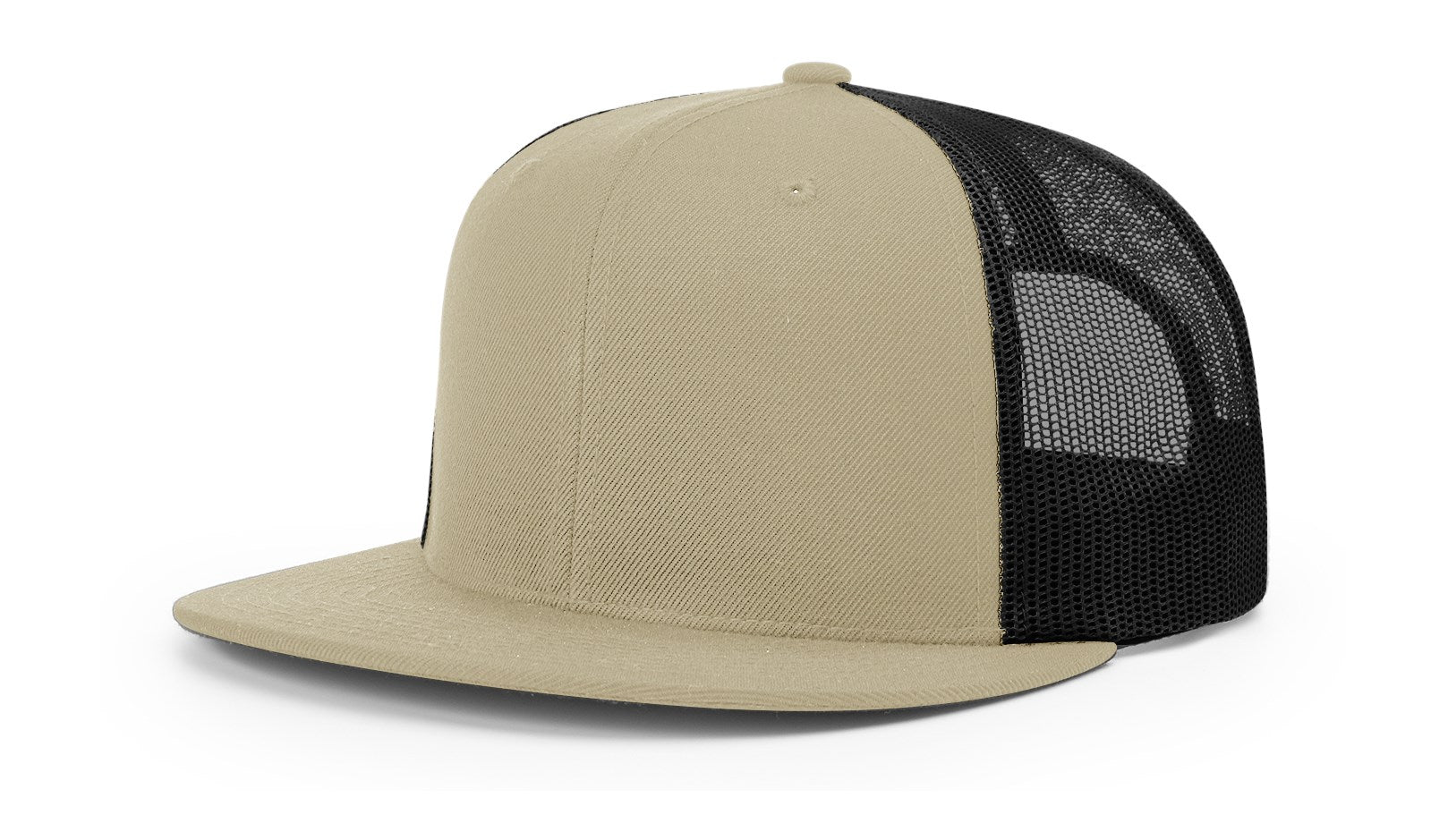 Richardson 112 Blank Trucker Hat in khaki and black on a plain backdrop.