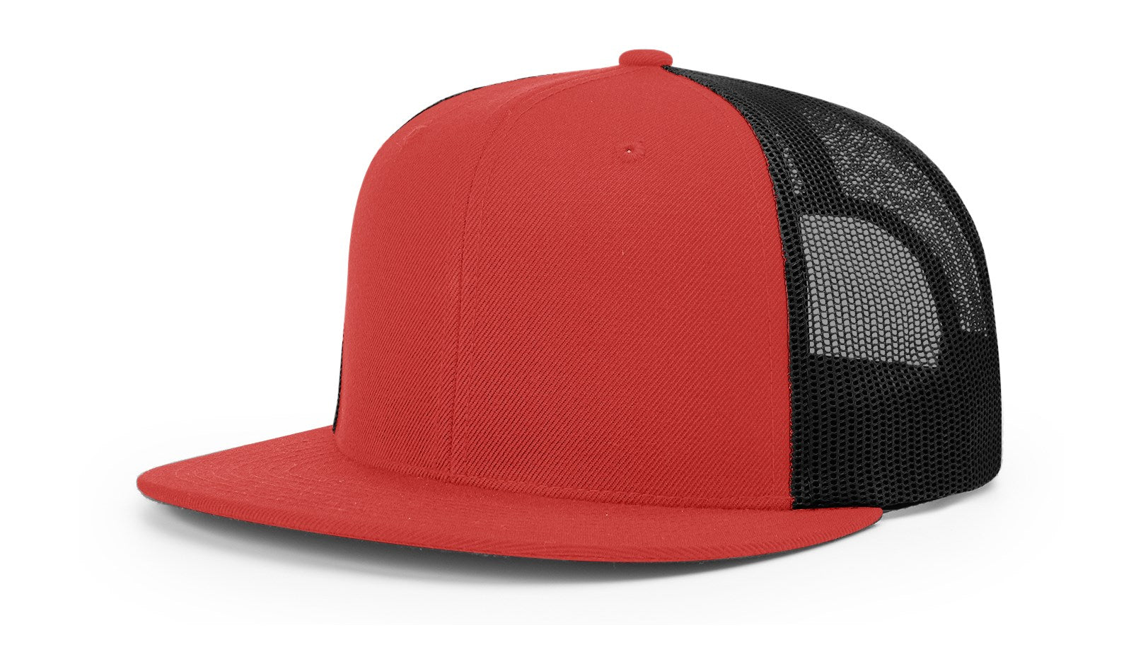 Richardson 511 red-black wool blend trucker cap, classic mid-pro snapback design.