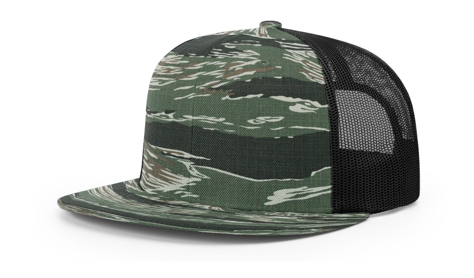 Richardson 511 Wool Blend Trucker Cap in Tiger Camo-Black, front view.