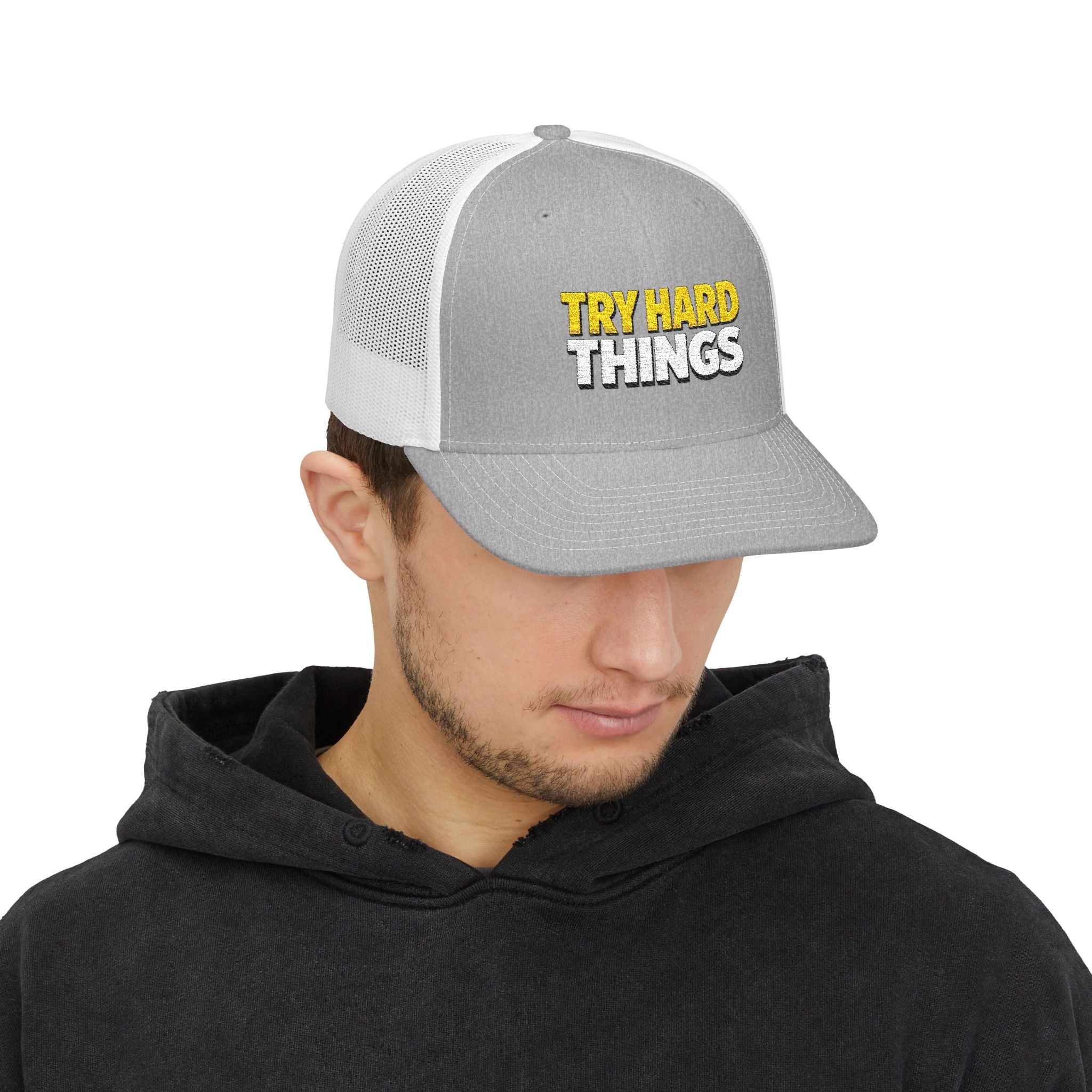 Try Hard Things Embroidered Trucker Hat — Motivational Snapback Cap