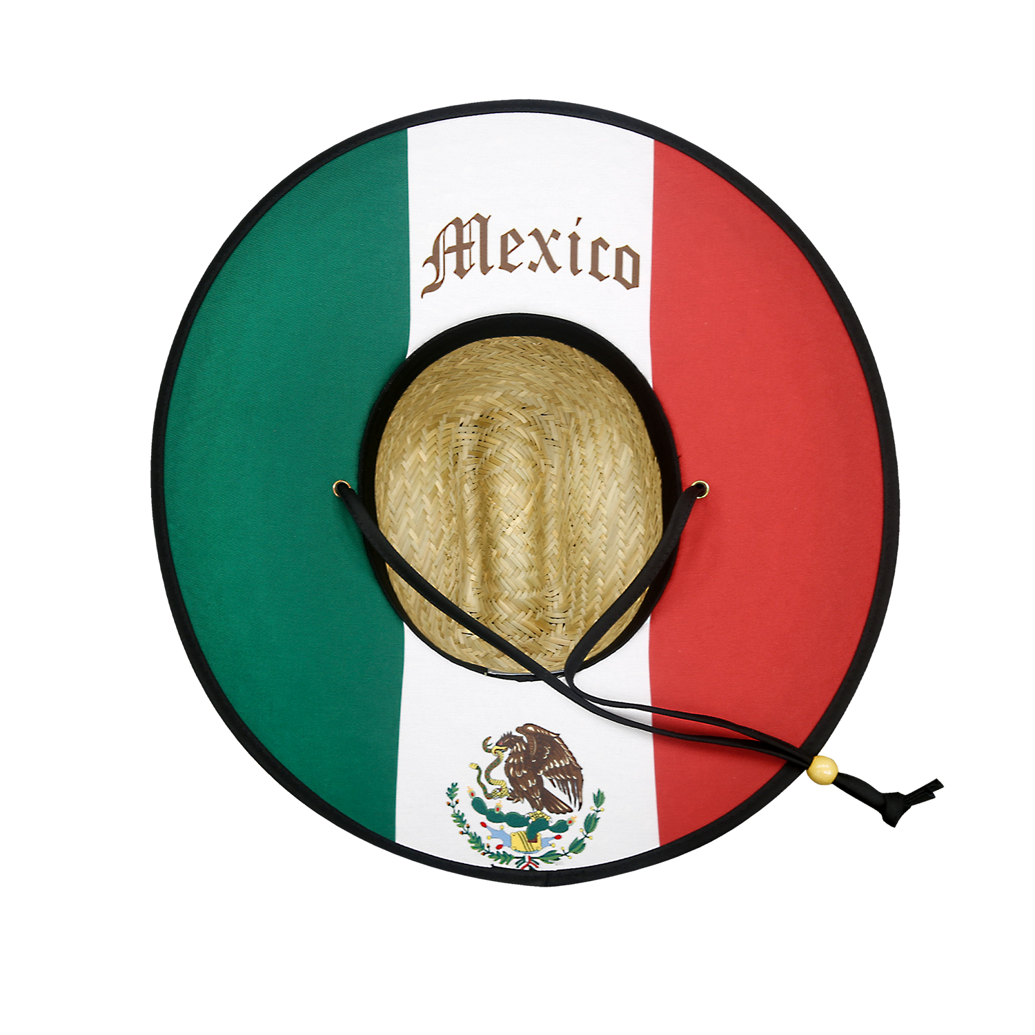 Decky Mat Straw Lifeguard Hat with wide brim and chin cord for sun protection.