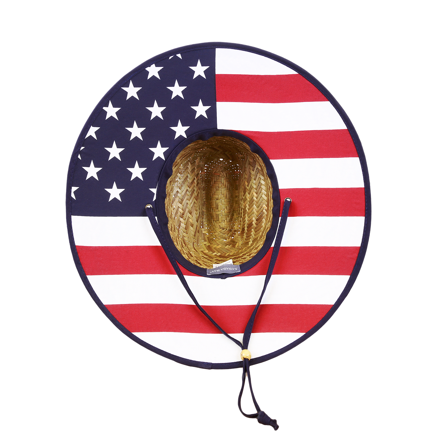 Decky Mat Straw Lifeguard Hat with USA patch, wide brim, adjustable chin cord.