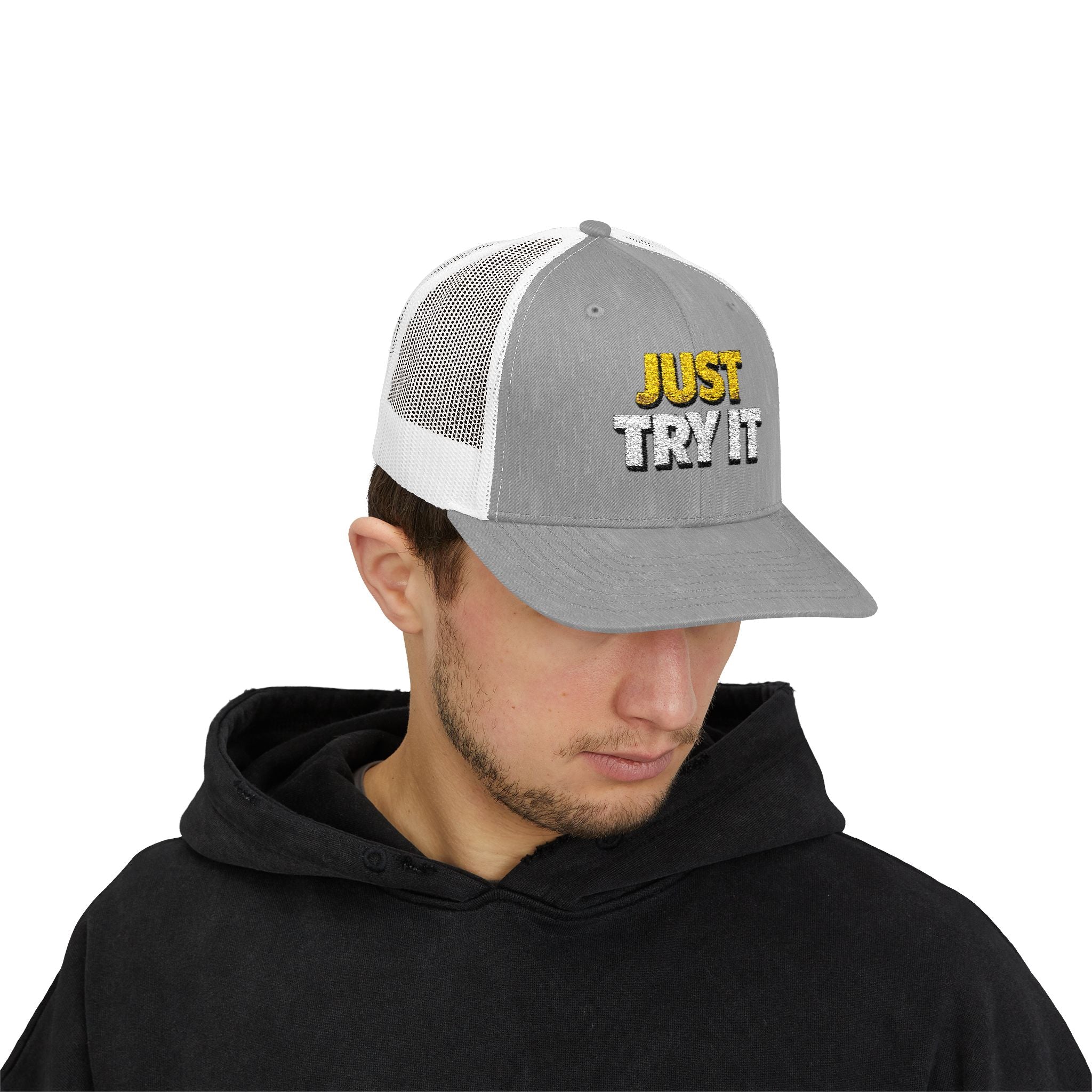 Just Try It Snapback Trucker Hat — Casual Motivational Mesh Cap