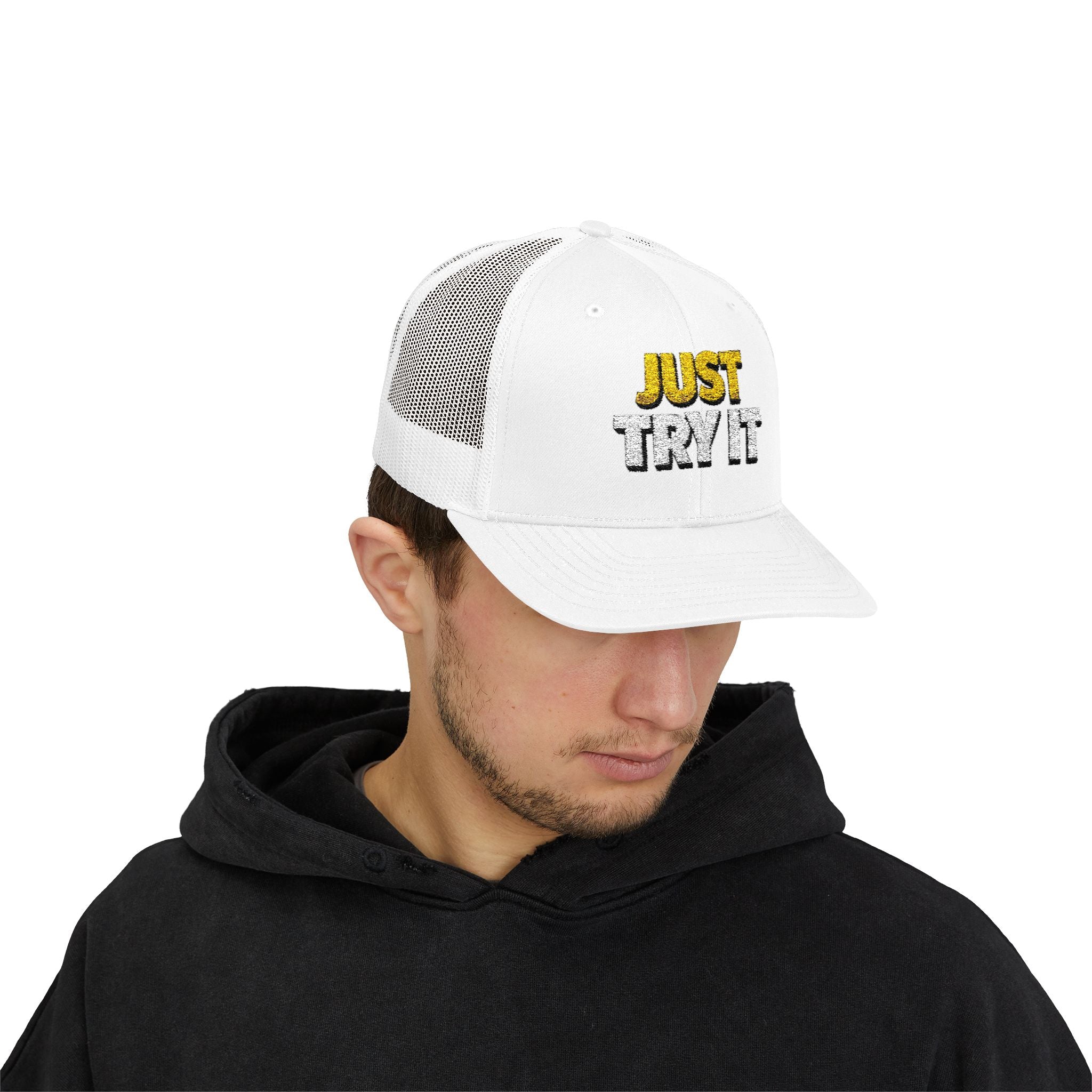 Just Try It Snapback Trucker Hat — Casual Motivational Mesh Cap