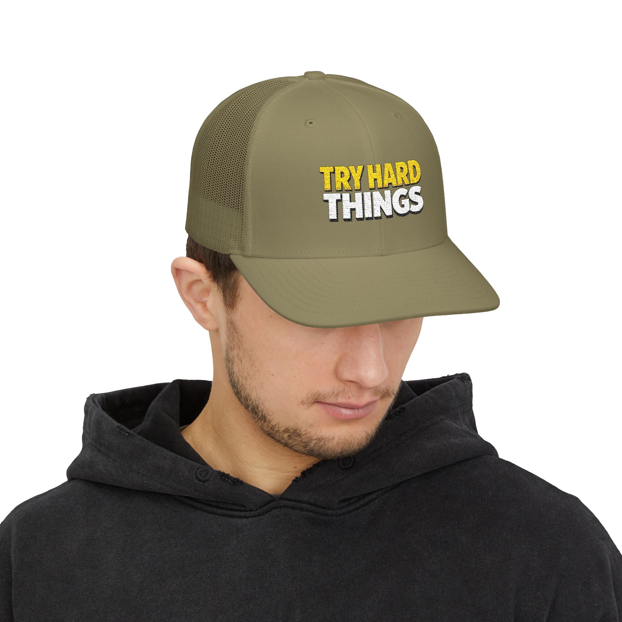 Try Hard Things Embroidered Trucker Hat — Motivational Snapback Cap