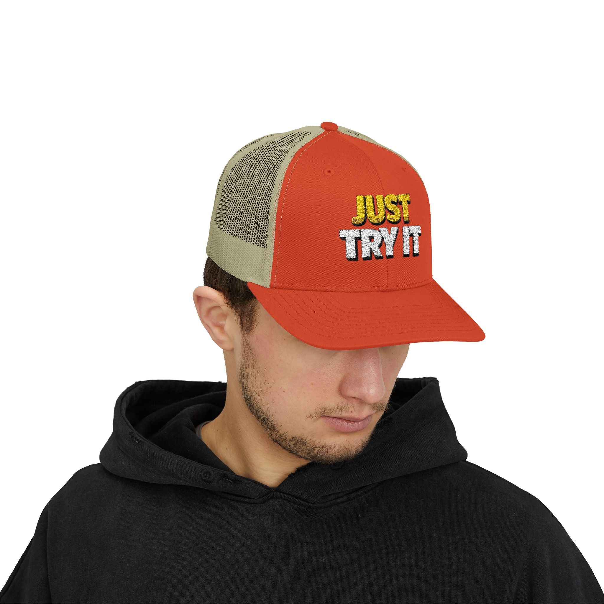 Just Try It Snapback Trucker Hat — Casual Motivational Mesh Cap