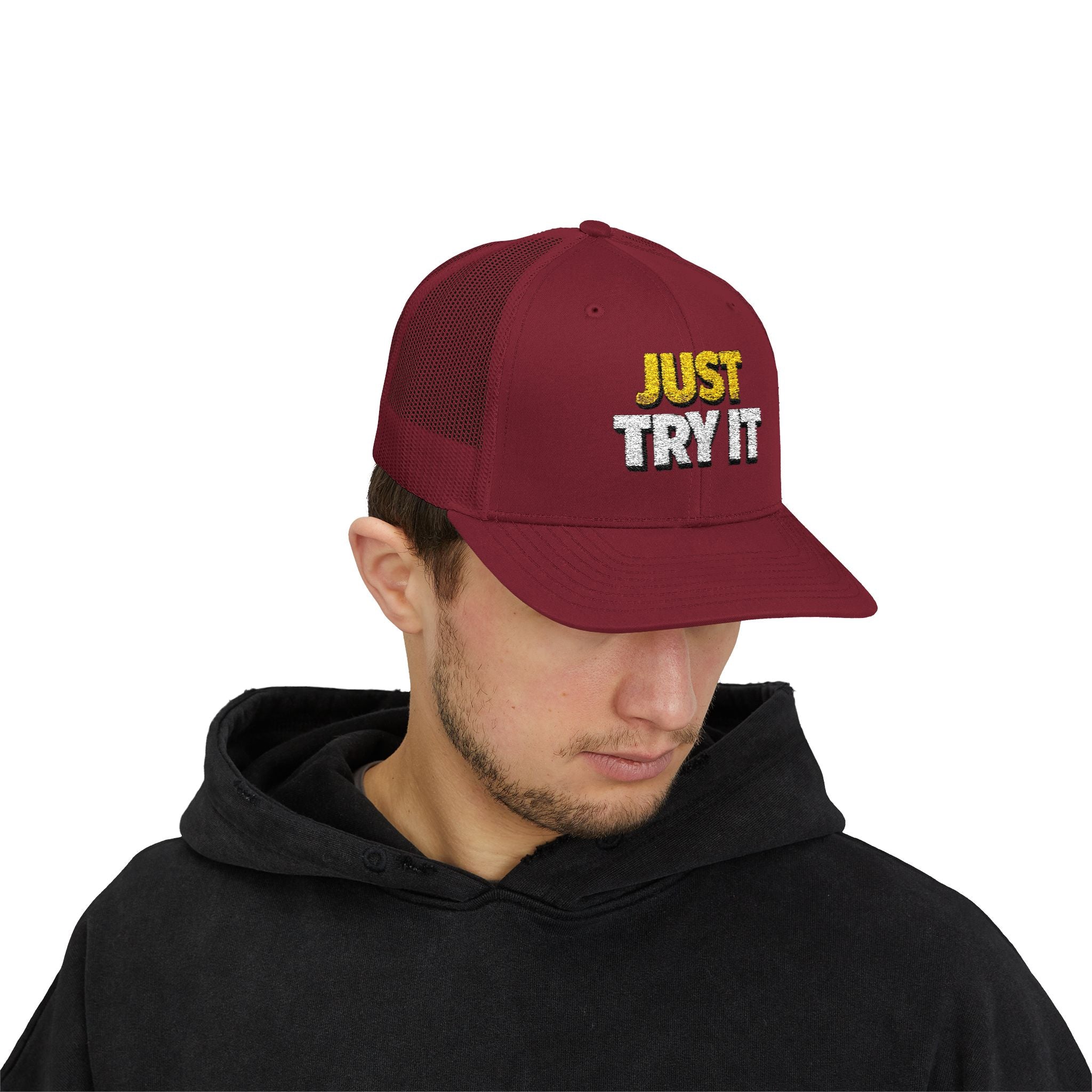 Just Try It Snapback Trucker Hat — Casual Motivational Mesh Cap
