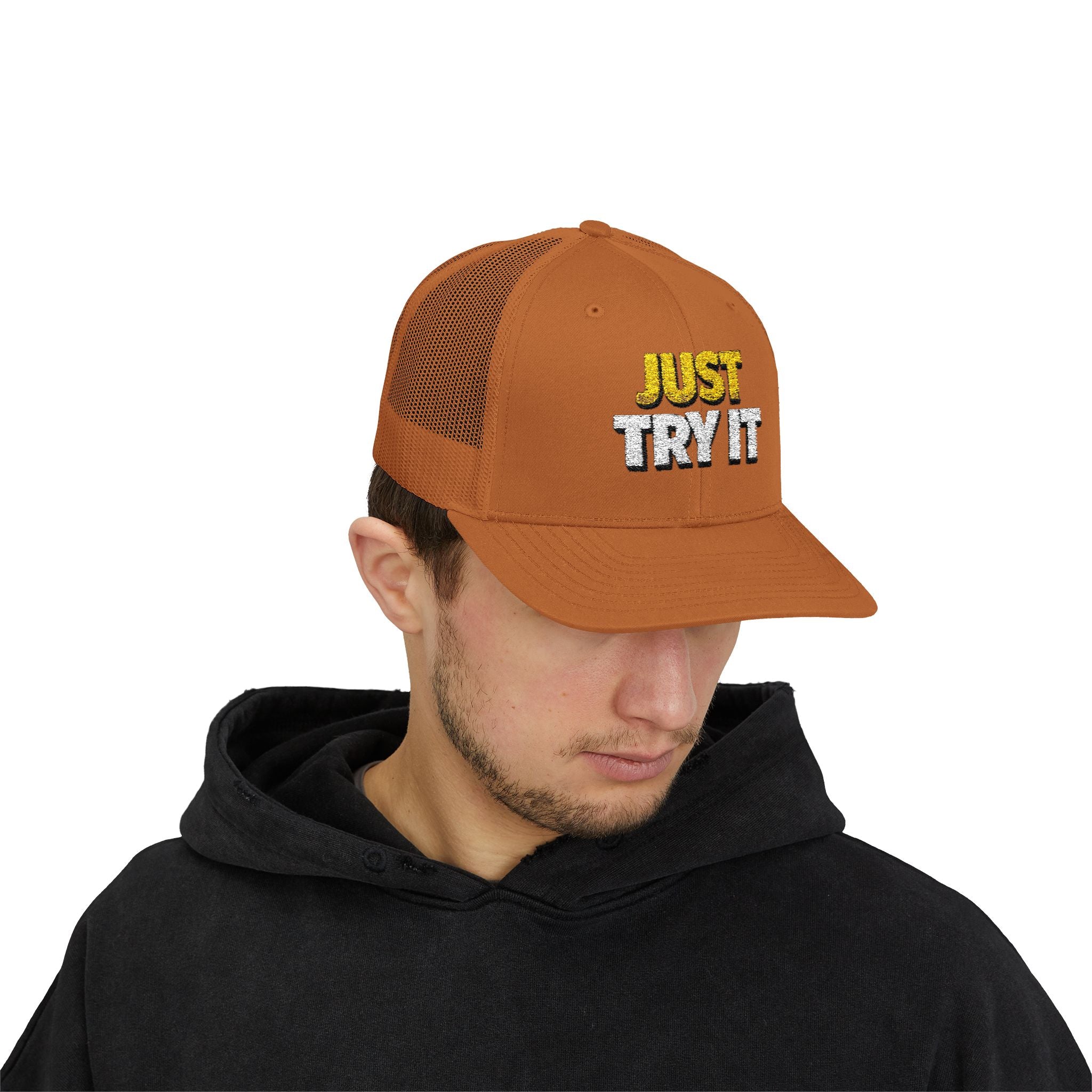 Just Try It Snapback Trucker Hat — Casual Motivational Mesh Cap