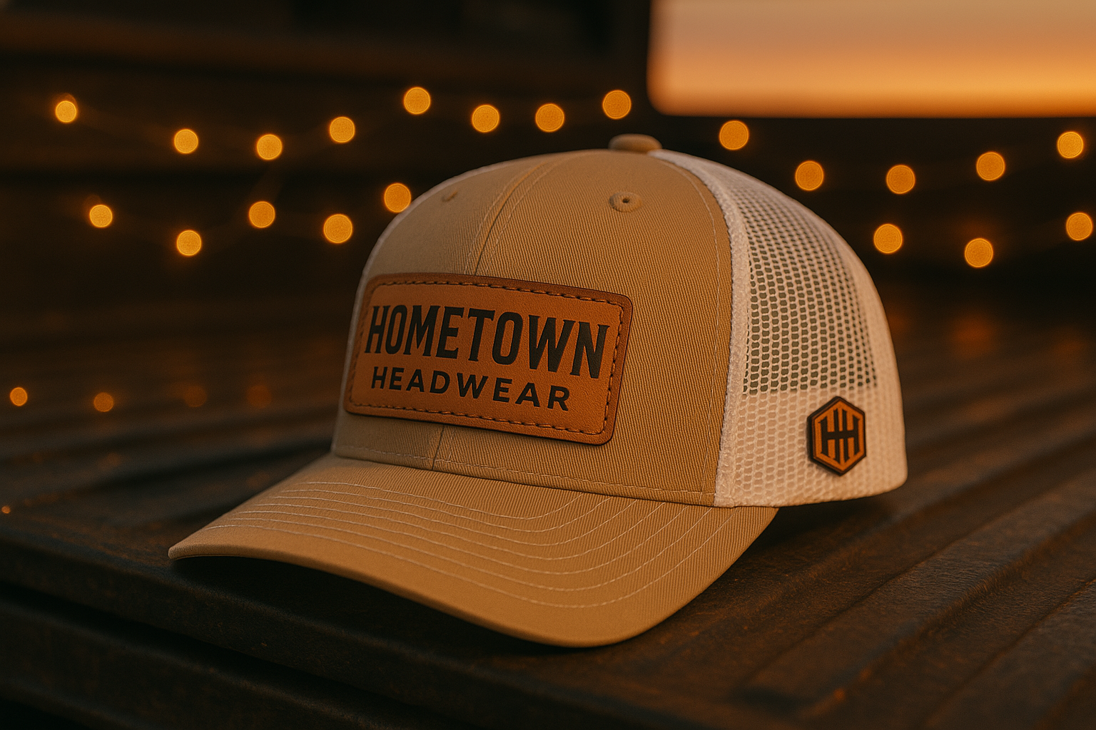 Beige cap with 'Hometown Headwear' logo on a wooden surface with blurred lights in the background