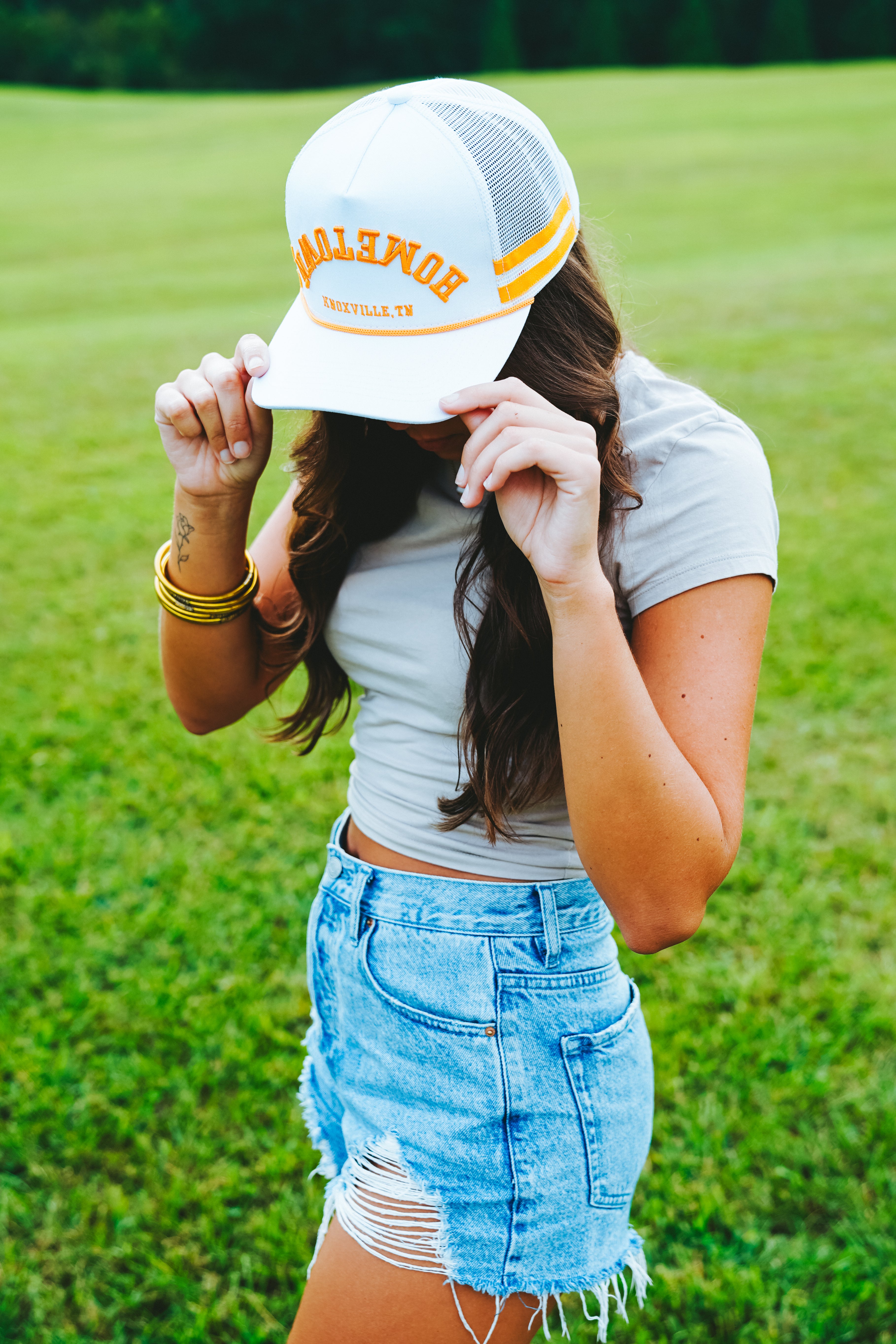 White Upside Down Hometown Knoxville Hat with orange accents, front view.