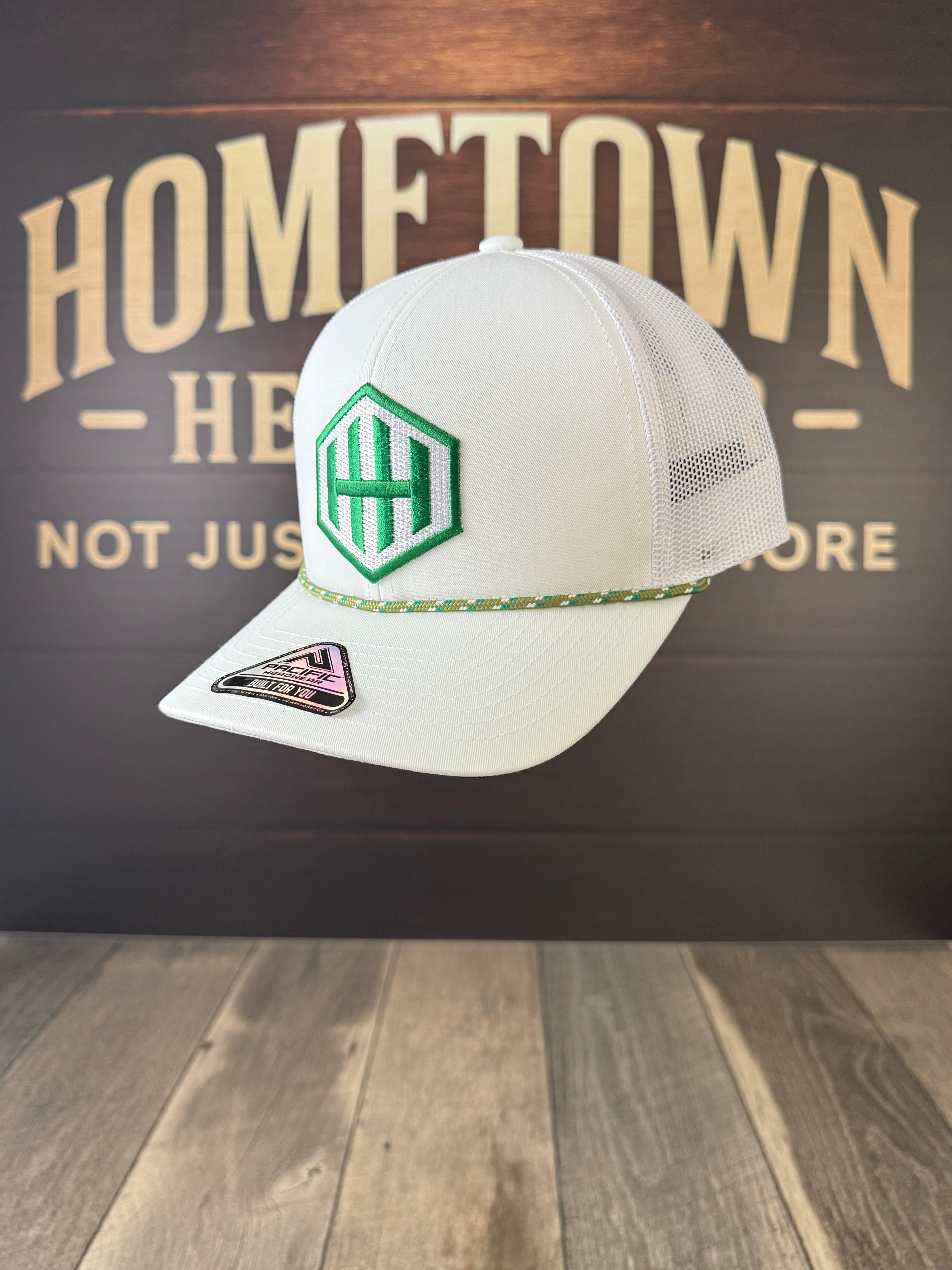 White Trucker Hat – Green HH Hex Logo