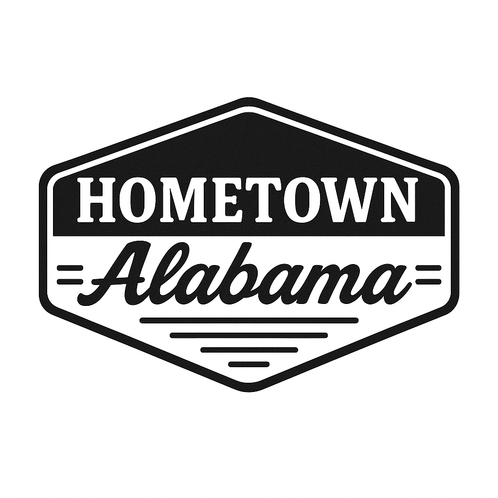 Hexagonal logo with 'Hometown Alabama' text on a white background