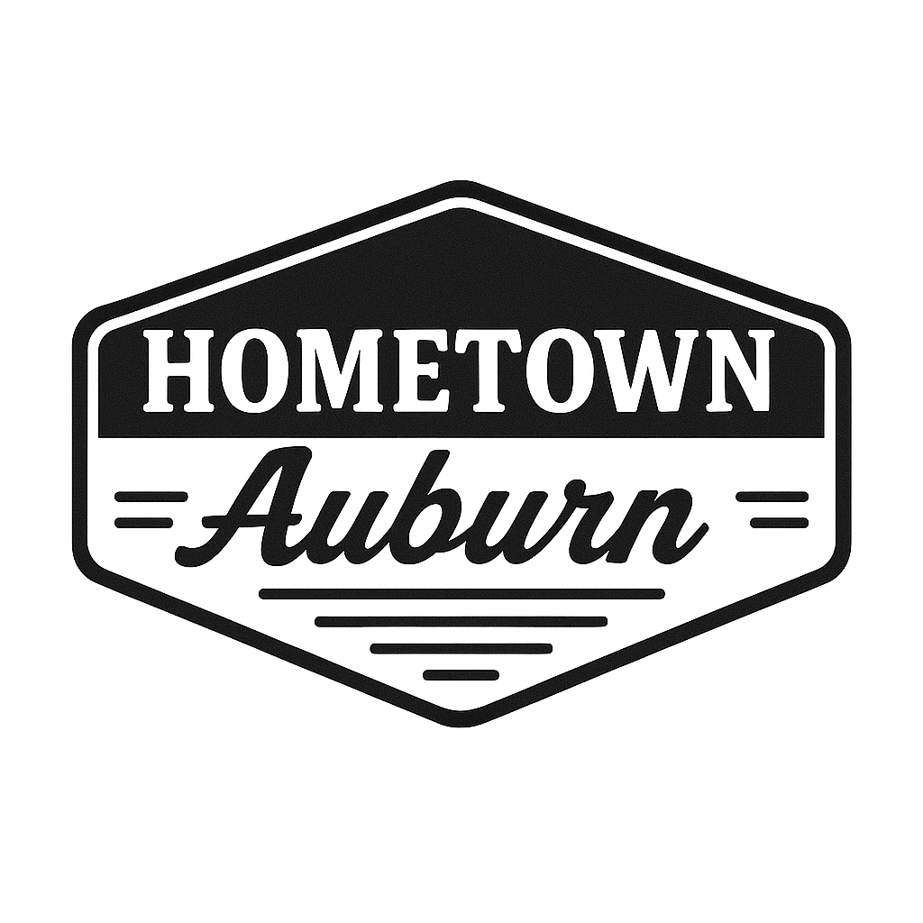Hexagonal logo with 'Hometown Auburn' text on a white background