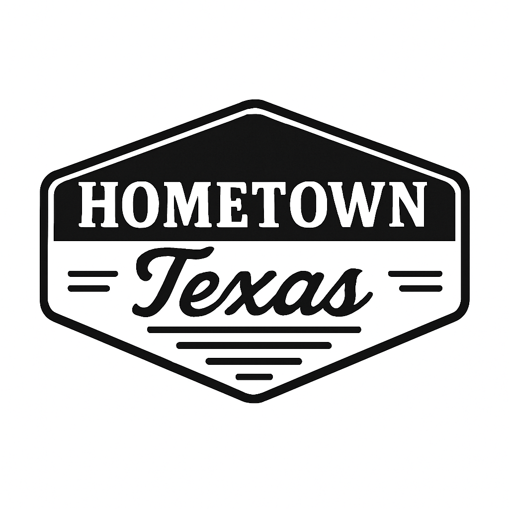 Hexagonal logo with 'Hometown Texas' text on a white background