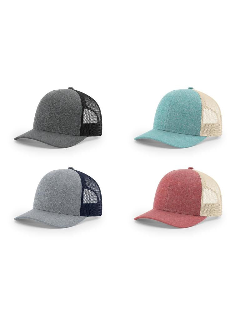 Child-size Richardson 115CH Youth Heather Trucker Hat in gray and white.