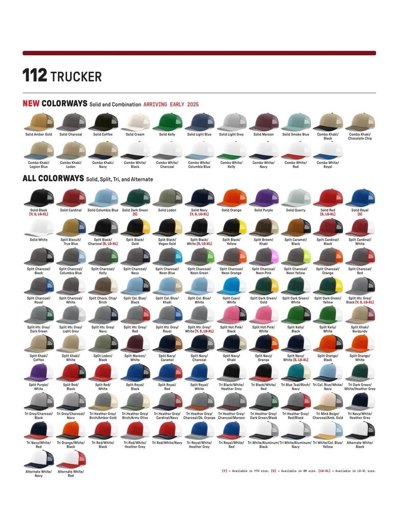 Richardson 112 Blank Trucker Hats displayed on a wooden table.