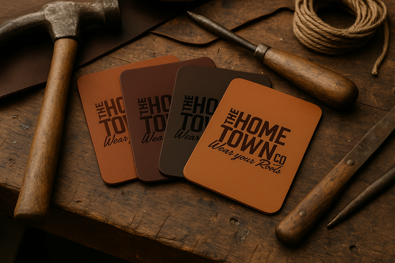 Four Leatherette Swatches with 'The Home Town Co' branding on a wooden surface with tools.