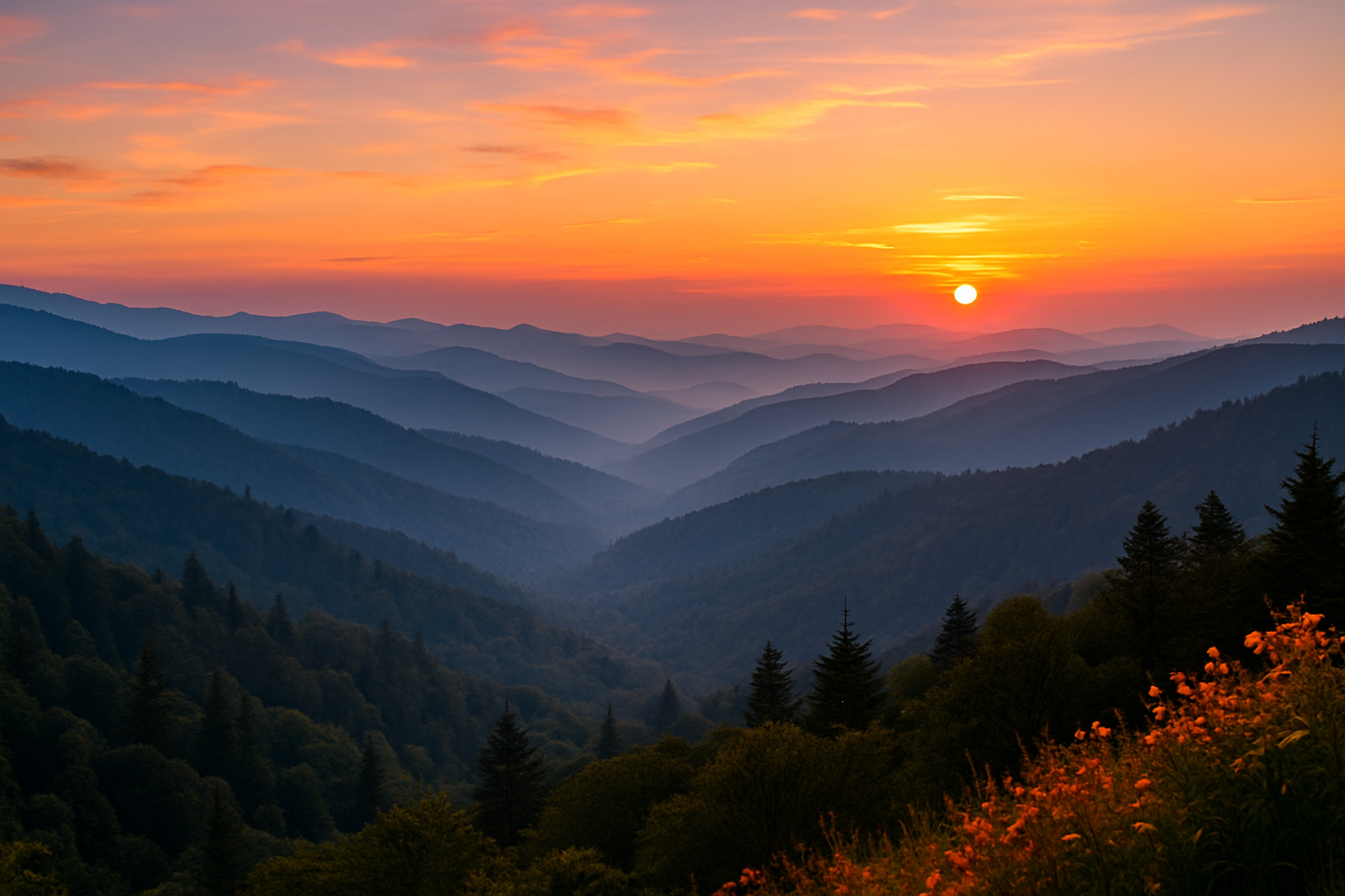 Sunset over a mountain range with silhouettes of trees and a vibrant sky.