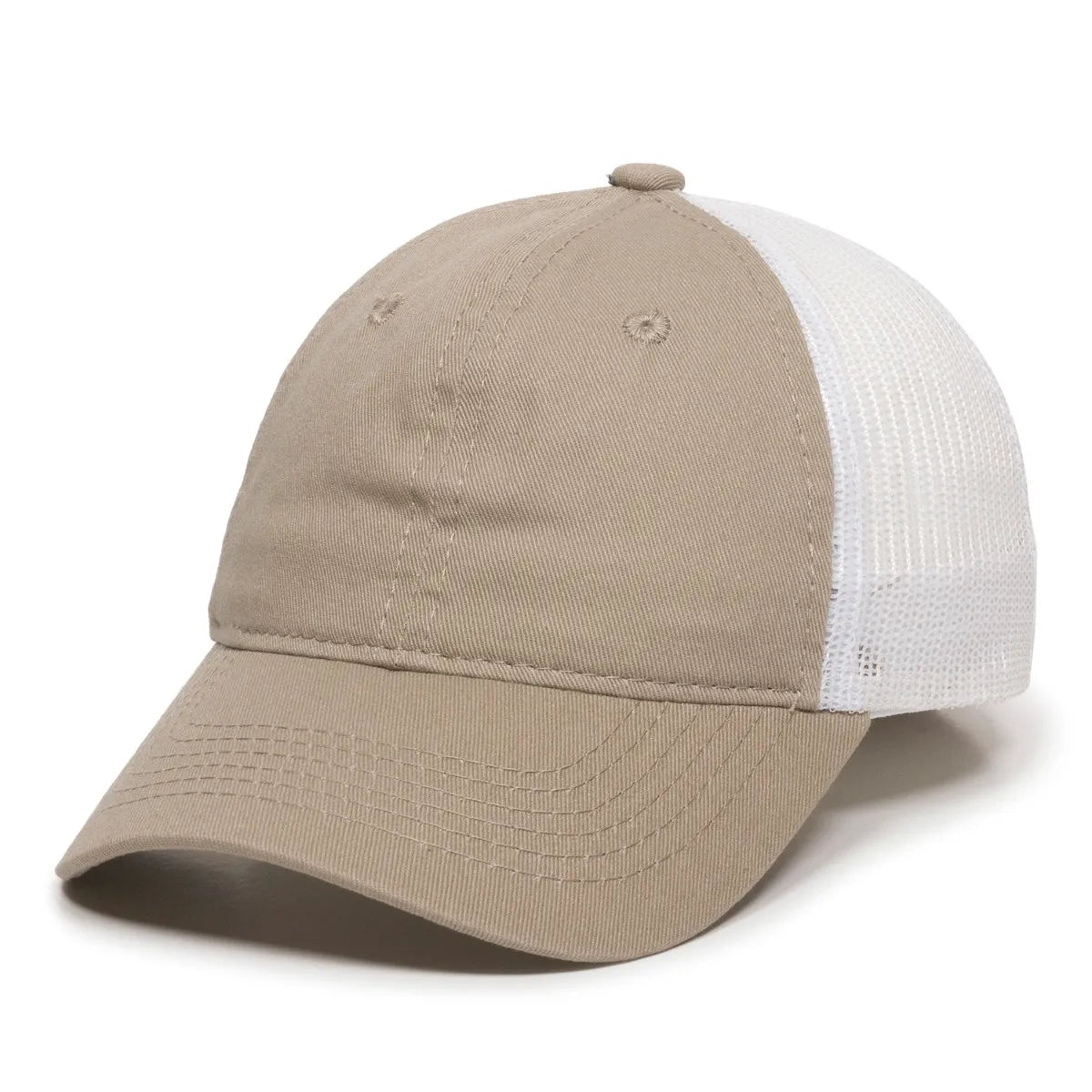 Beige and white cap with mesh back on a white background