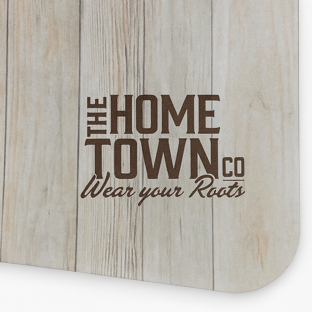 Light Wood Grain UV Printed Leatherette with engraved Hometown Co. logo.