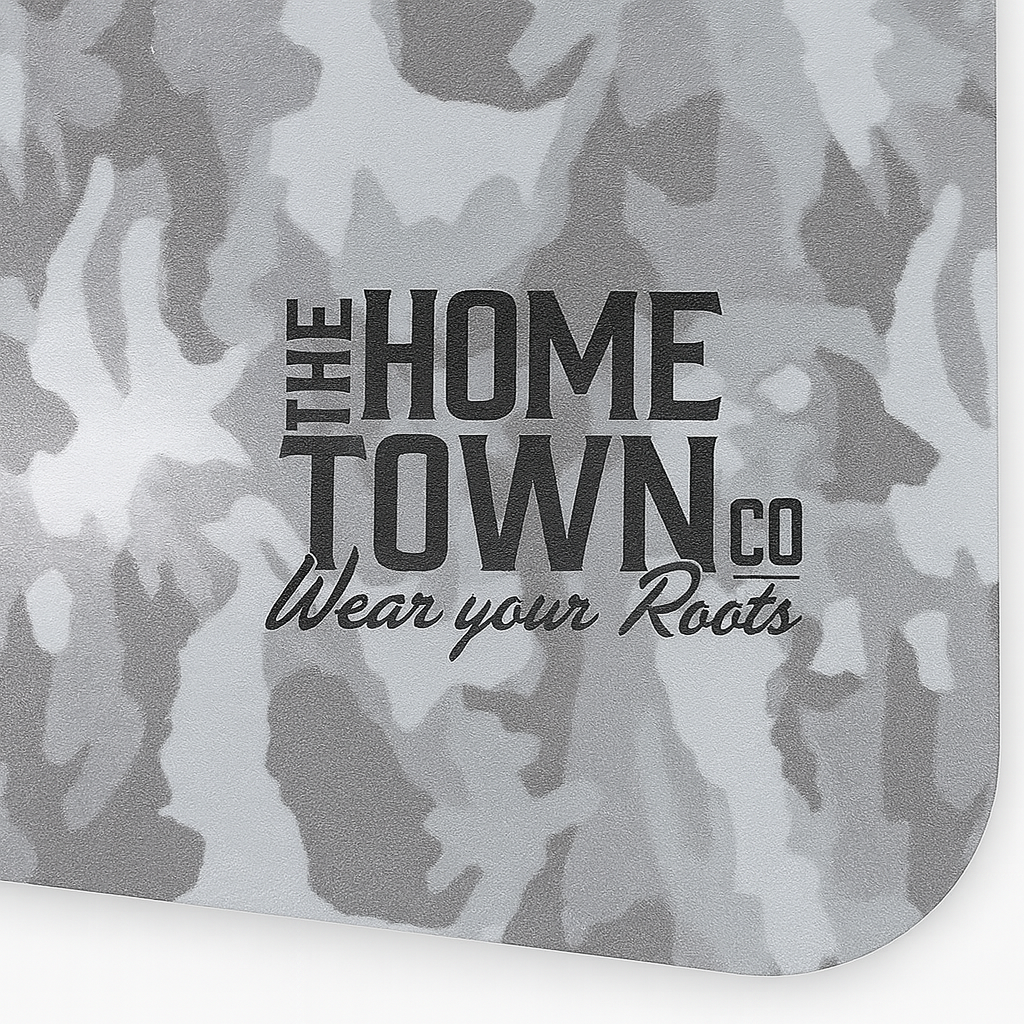Urban Gray Camo UV Printed Leatherette with Hometown Co. logo embossed.