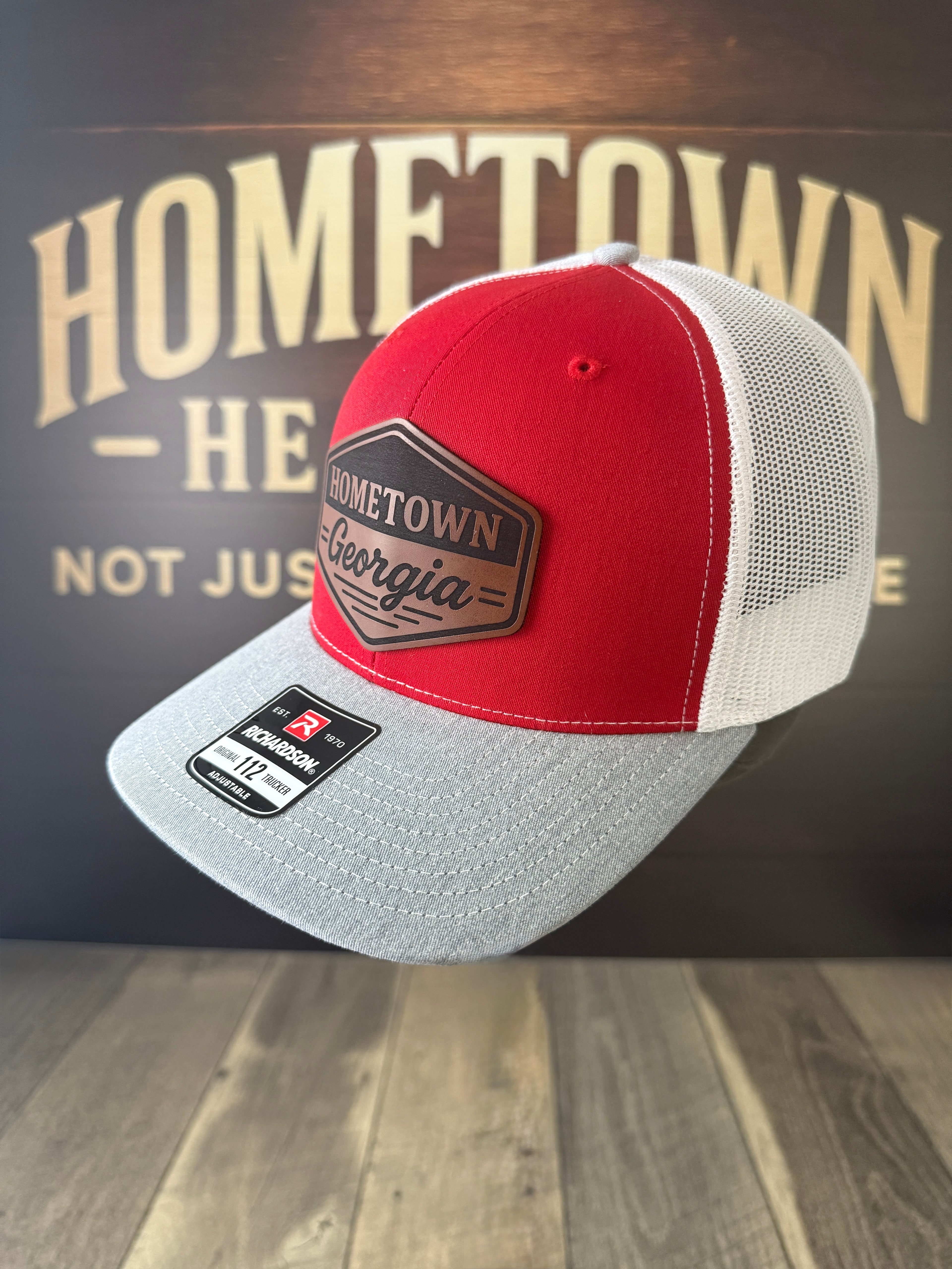 Red/White/Grey Richardson 112 Trucker Cap with Georgia leather patch.