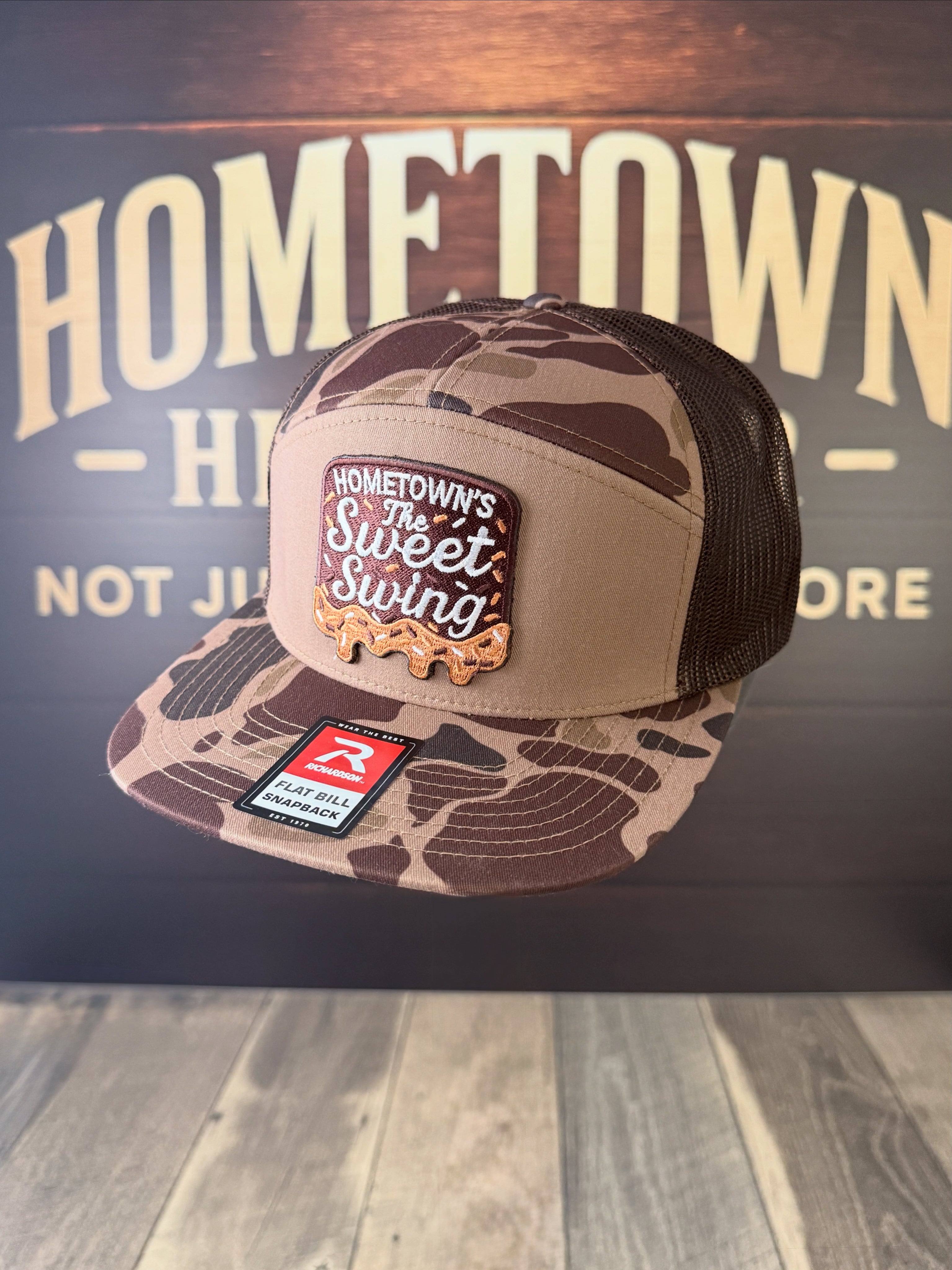 Camo and brown snapback hat with Sweet Swing patch from Hometown Co.