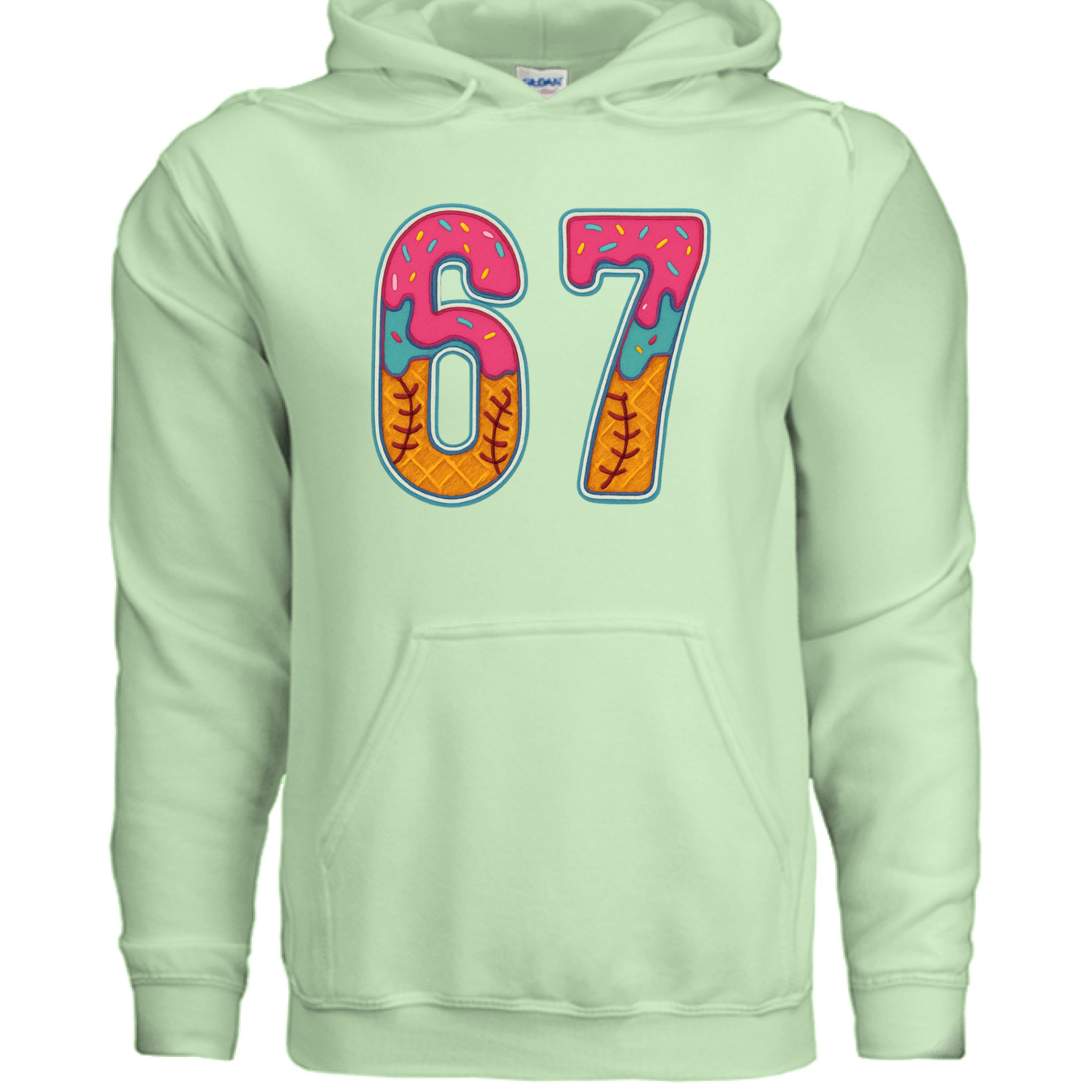 Front view of the Mint Green '67 Baseball Drip Hoodie' highlighting the bold sprinkle-inspired graphics and ribbed cuffs.