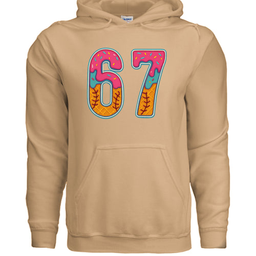 Front view of the '67 Baseball Drip Hoodie' in Old Gold color, showcasing its bold sprinkle-inspired design and ribbed cuffs.