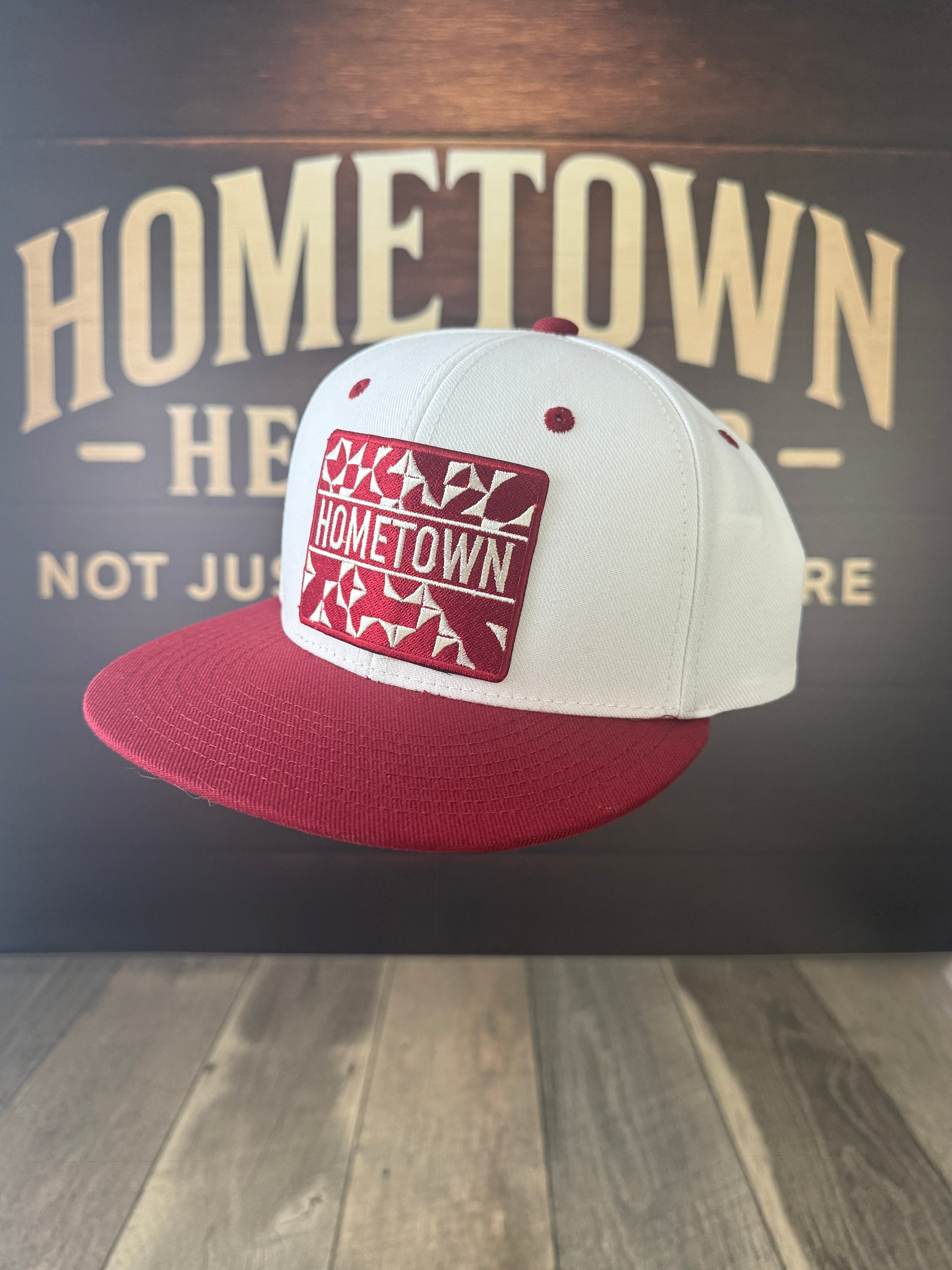 Hometown Granny's Quilt Pattern Hat in red, flatbill style with custom patch.