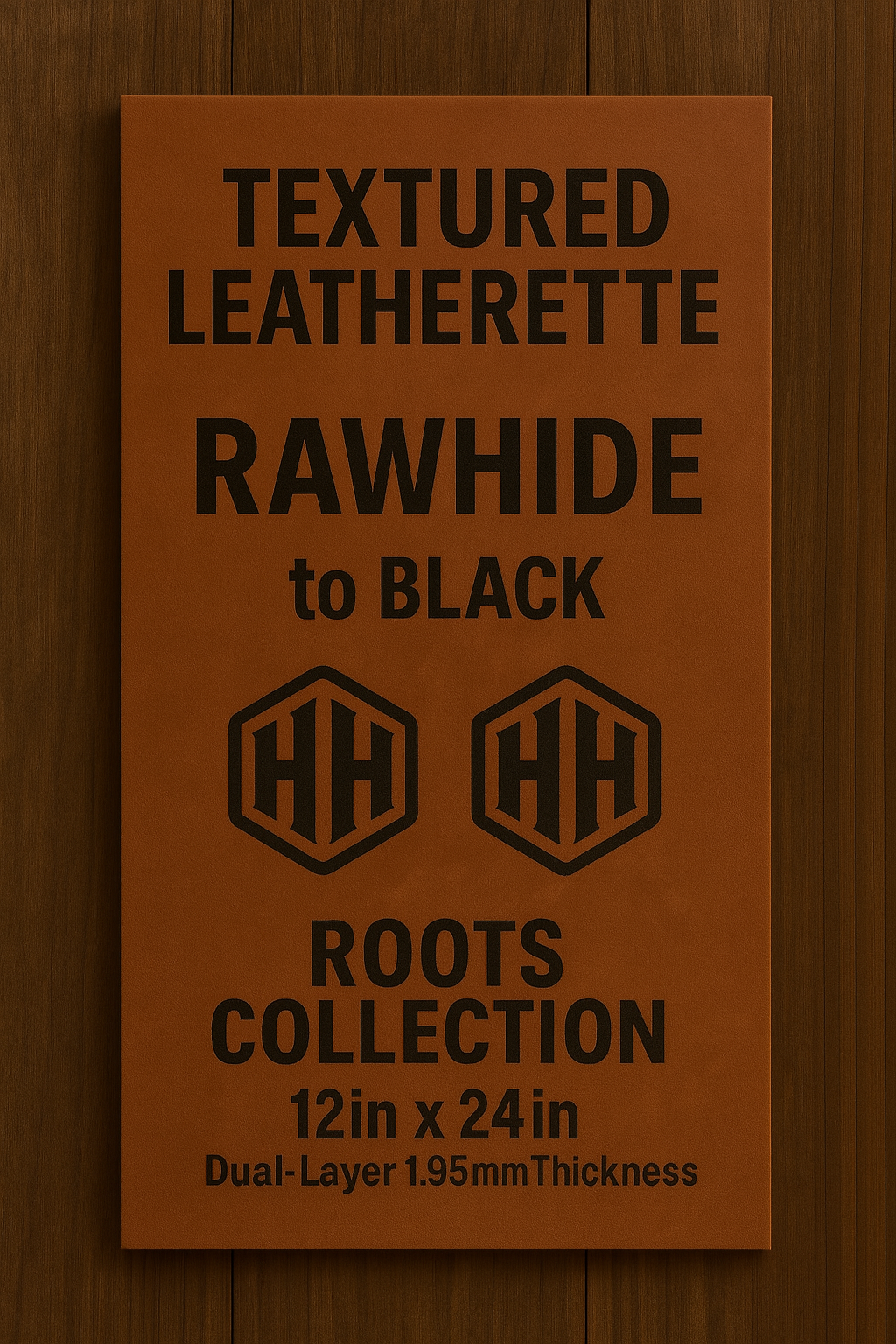 Textured Leatherette sample, Rawhide to Black, 12"×24", dual-layer, ~1.95mm thick.