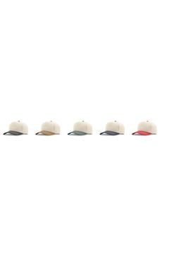 Five baseball caps in different colors arranged vertically on a white background