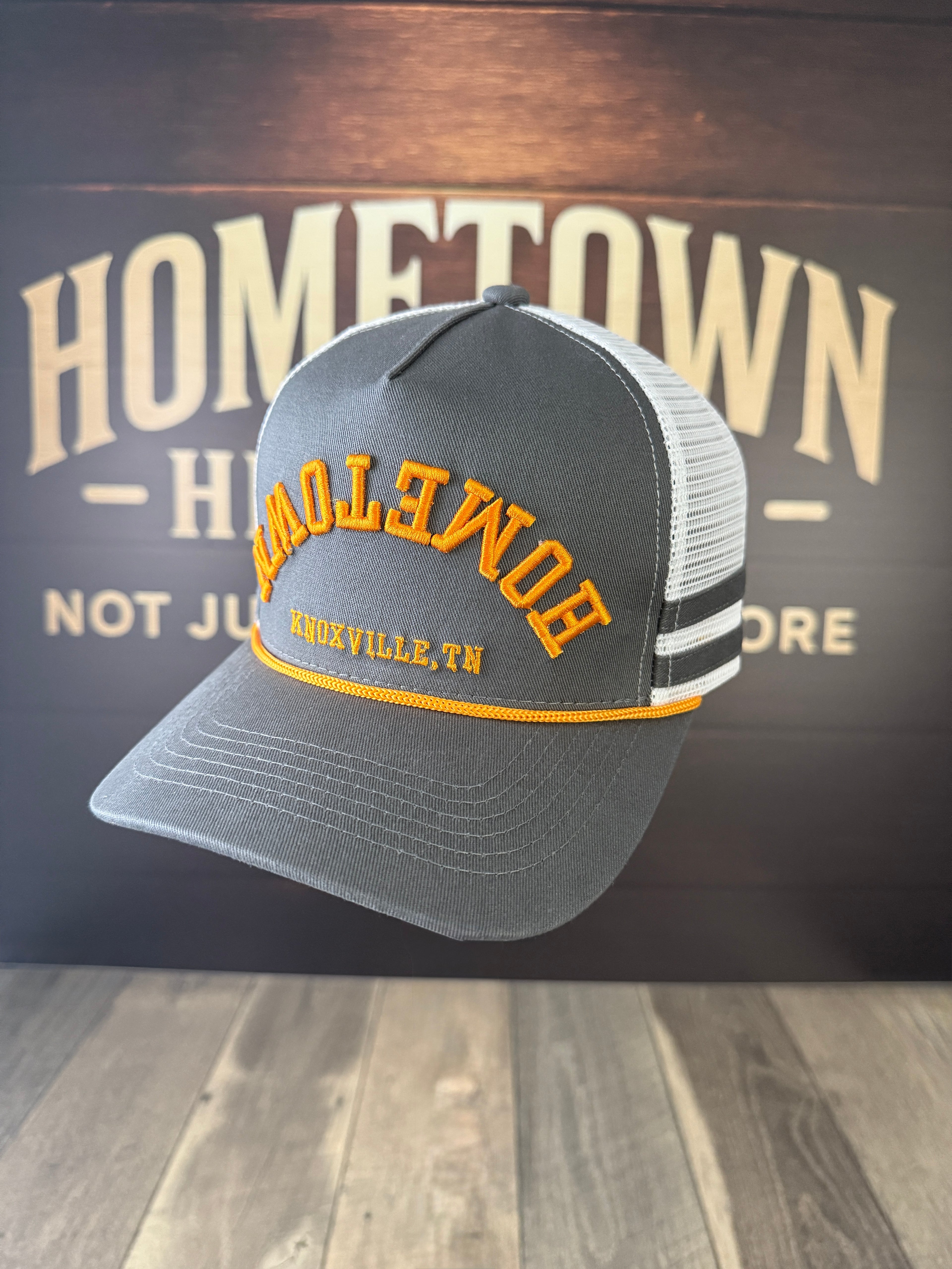 Smoke grey Upside Down Hometown Knoxville Hat with white mesh back.