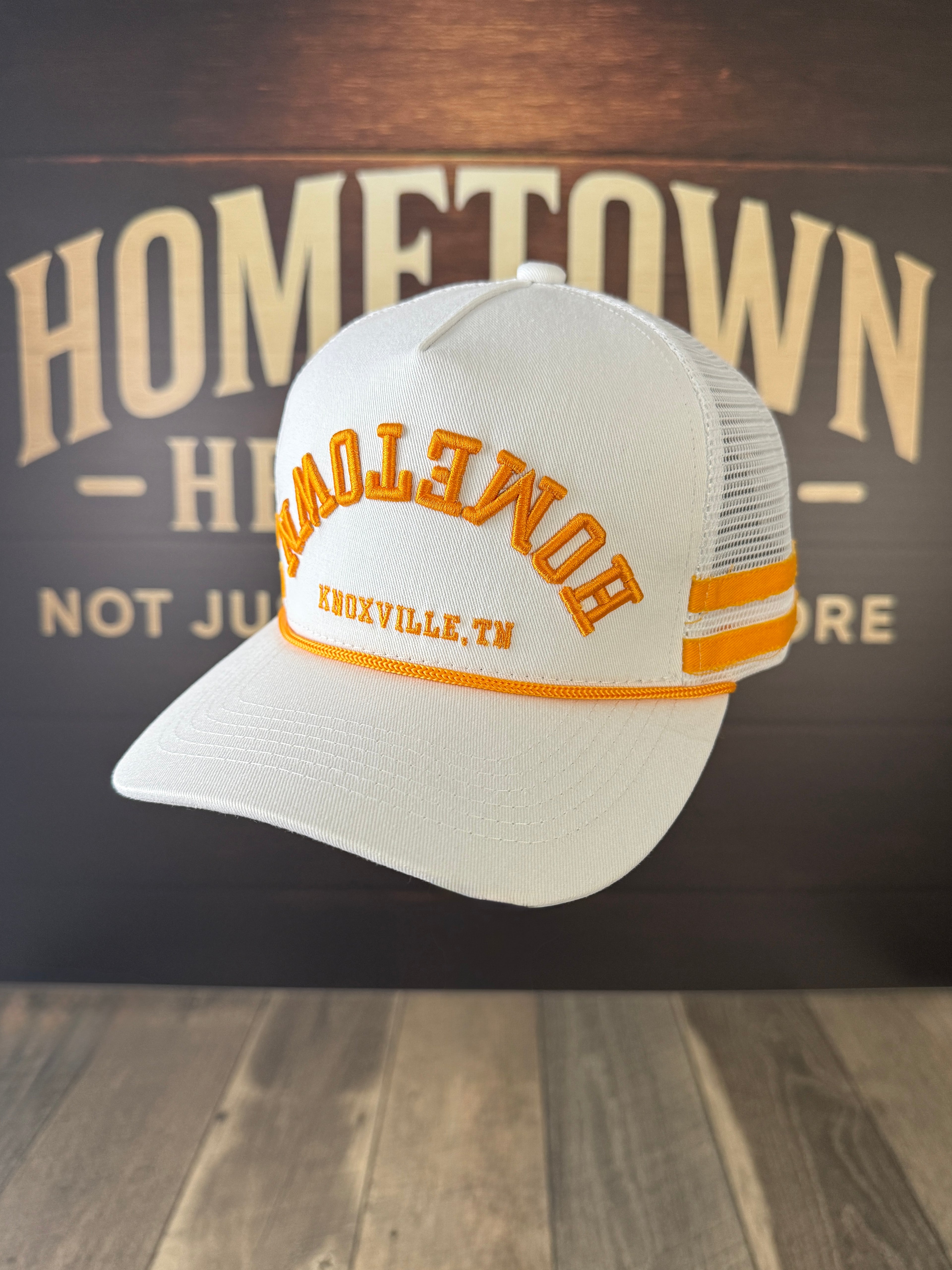 White Upside Down Hometown Knoxville Hat with orange accents on brim.